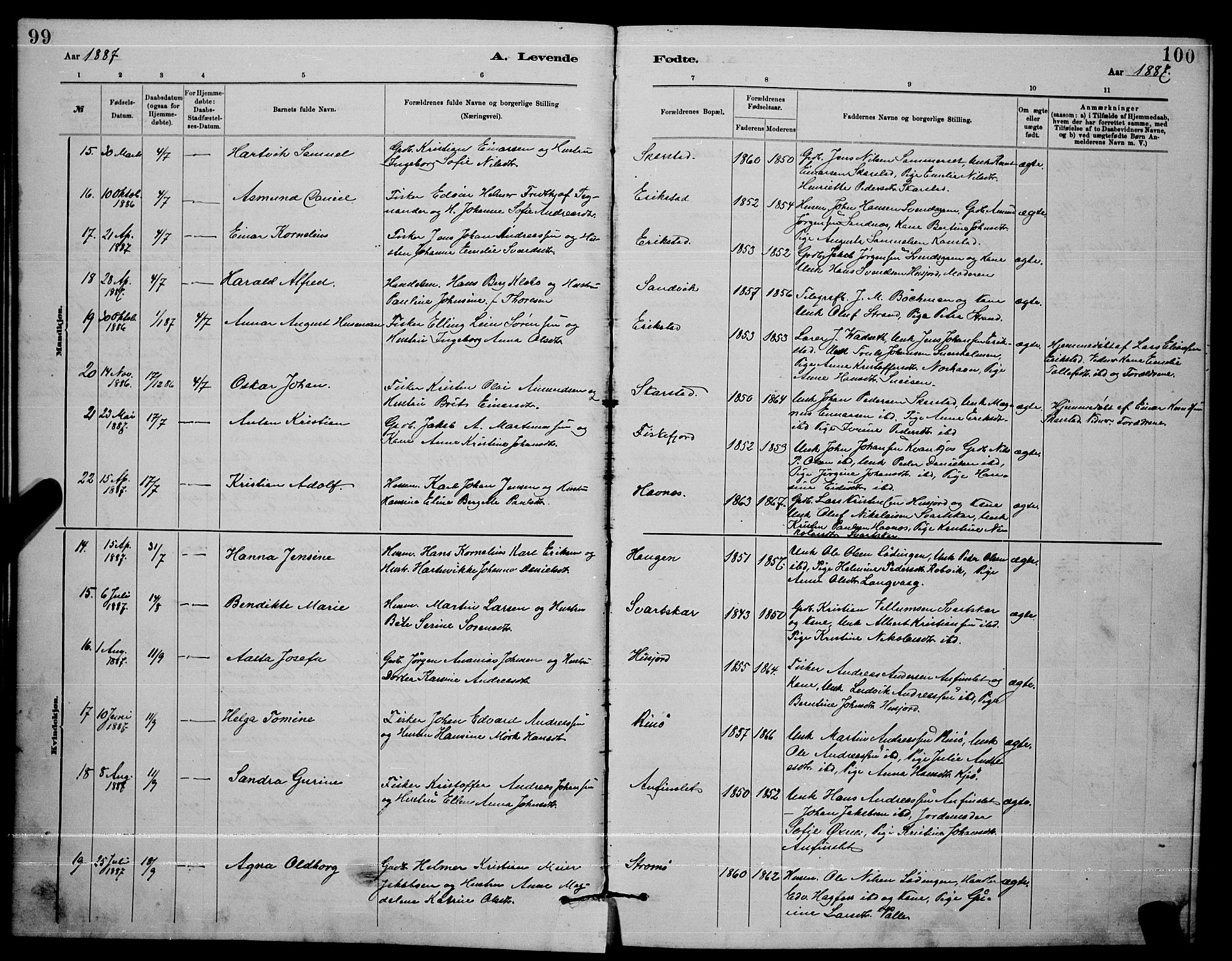 Ministerialprotokoller, klokkerbøker og fødselsregistre - Nordland, AV/SAT-A-1459/872/L1047: Parish register (copy) no. 872C03, 1880-1897, p. 99-100