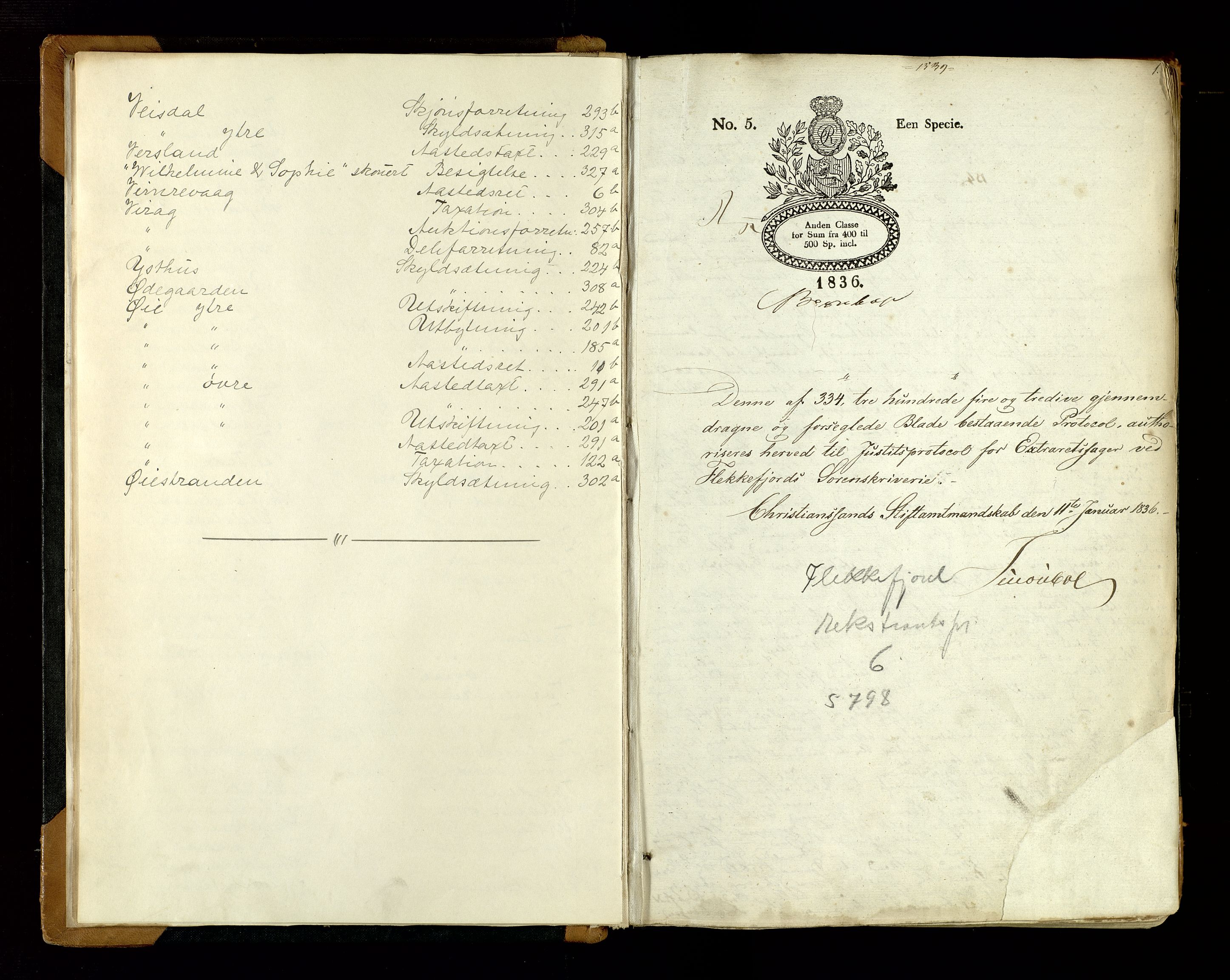 Flekkefjord sorenskriveri, AV/SAK-1221-0001/F/Fb/L0005: Ekstrarettsprotokoll nr. 6, 1836-1844, p. 1