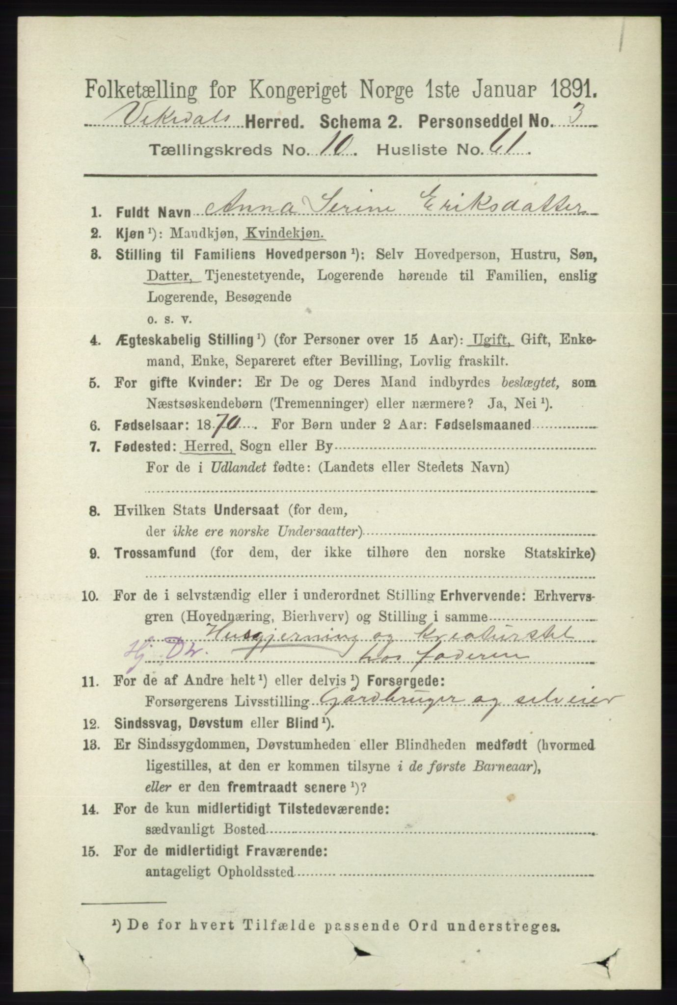 RA, 1891 census for 1157 Vikedal, 1891, p. 2837