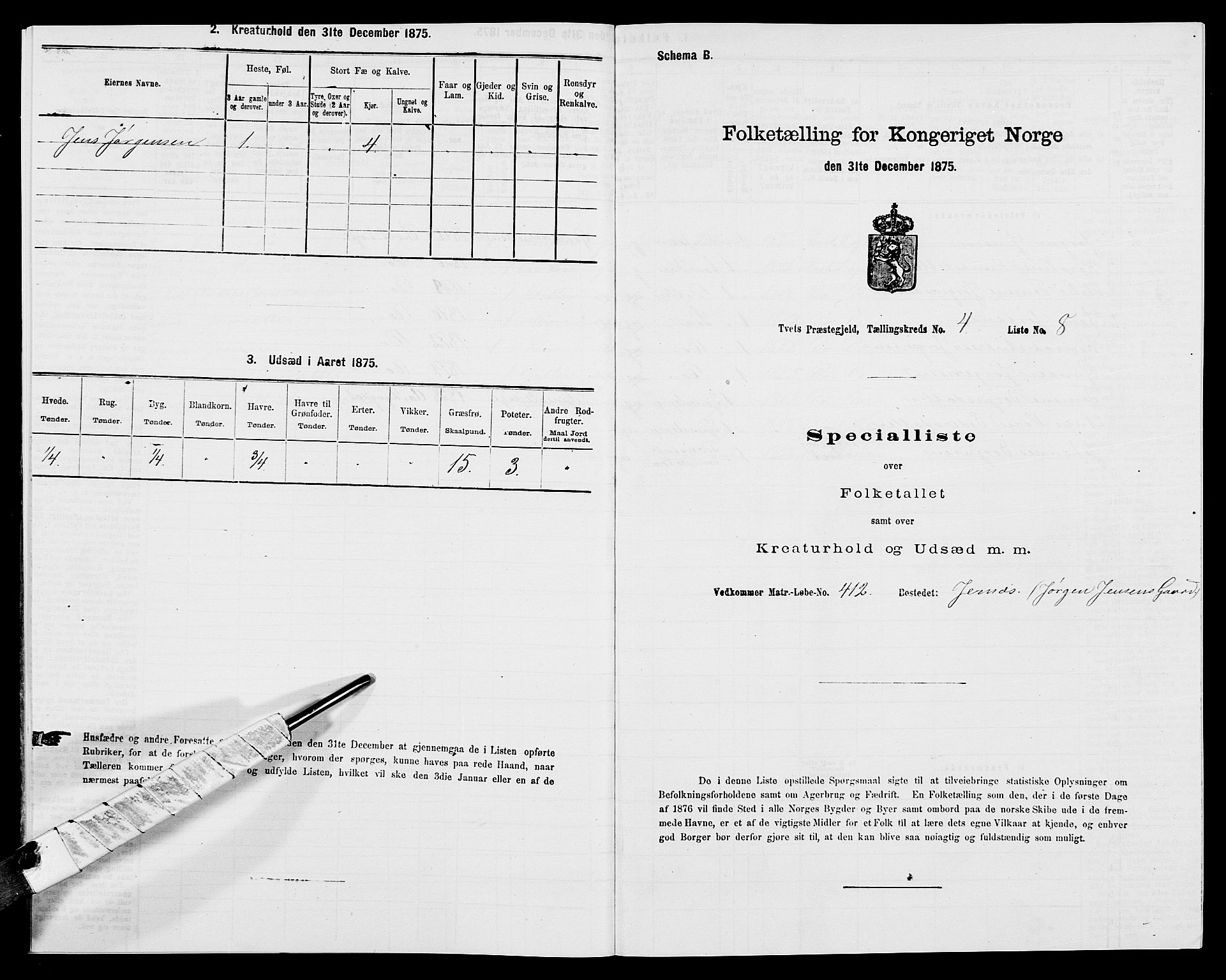 SAK, 1875 census for 1013P Tveit, 1875, p. 517