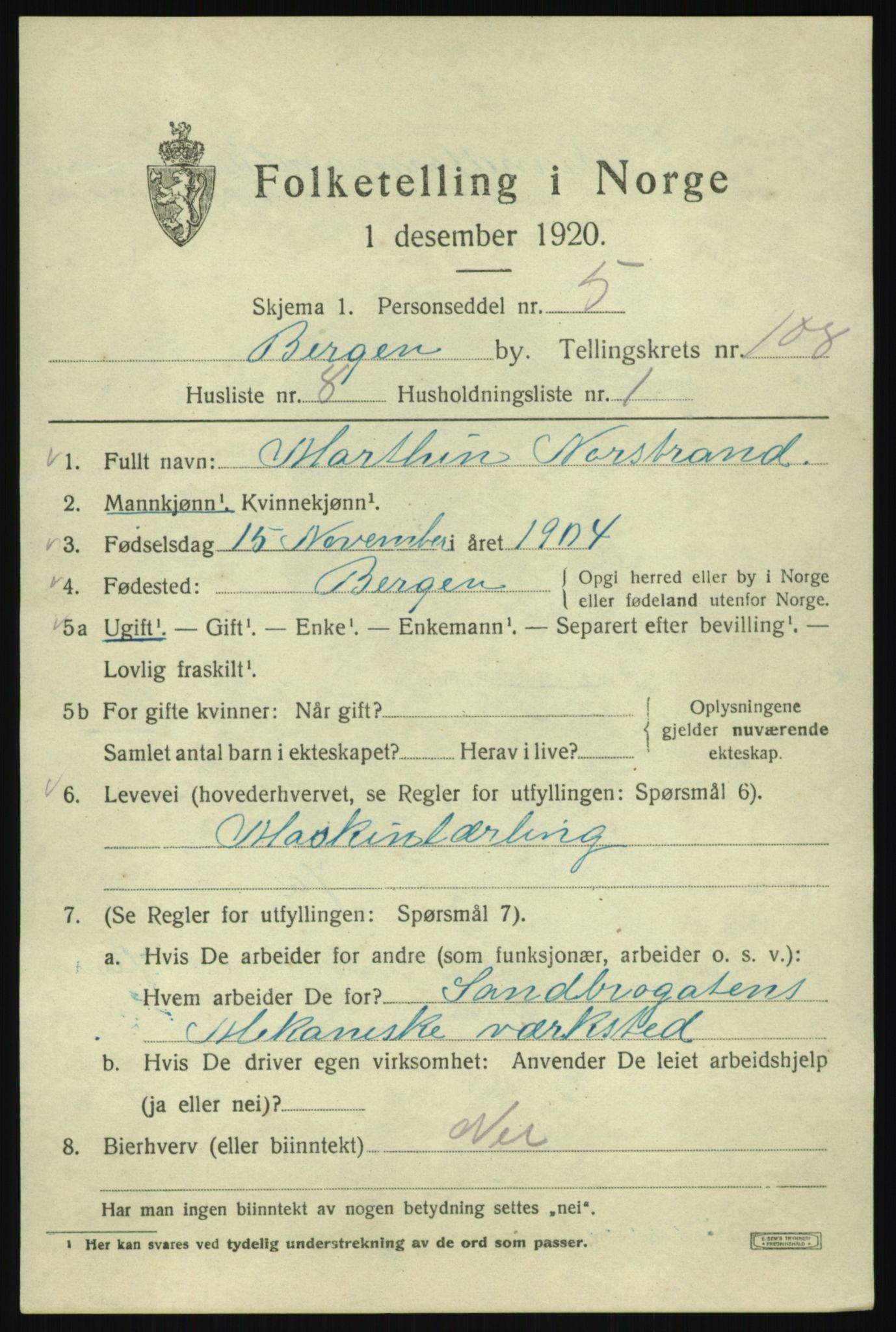 SAB, 1920 census for Bergen, 1920, p. 187771