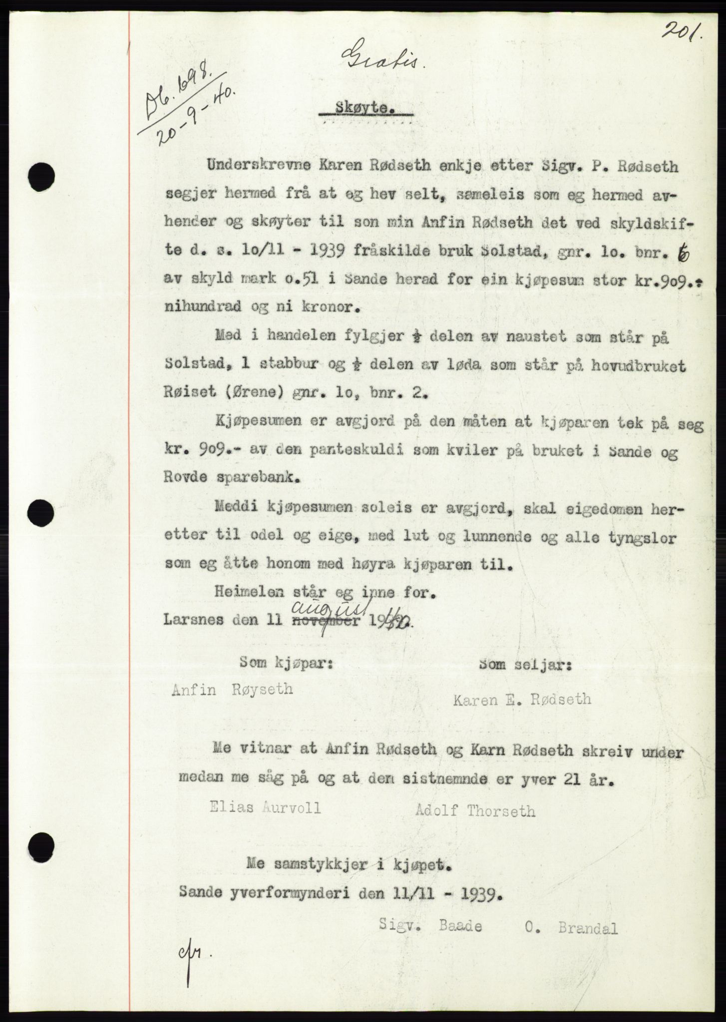 Søre Sunnmøre sorenskriveri, AV/SAT-A-4122/1/2/2C/L0070: Mortgage book no. 64, 1940-1941, Diary no: : 698/1940