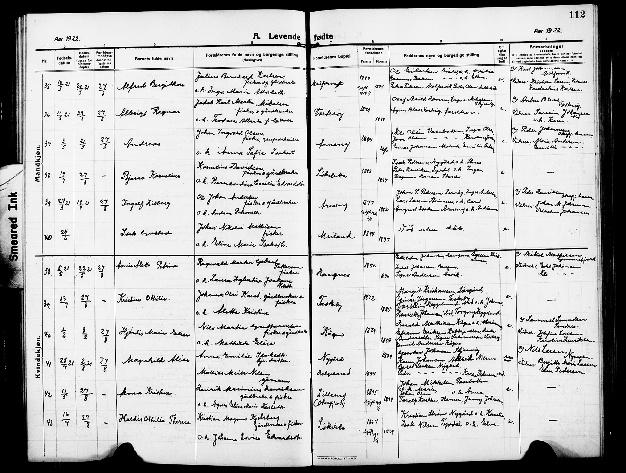 Skjervøy sokneprestkontor, AV/SATØ-S-1300/H/Ha/Hab/L0009klokker: Parish register (copy) no. 9, 1911-1926, p. 112