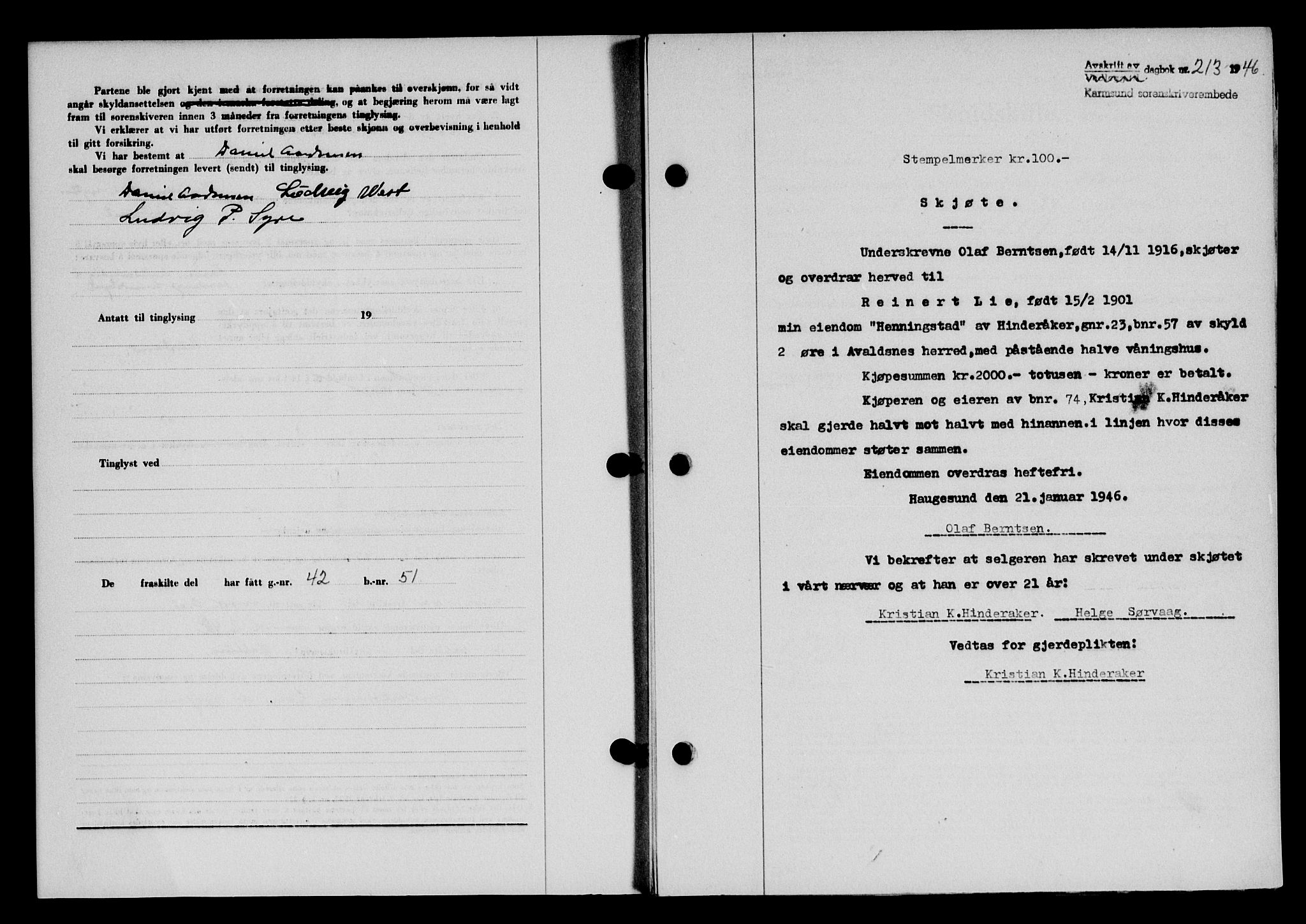 Karmsund sorenskriveri, AV/SAST-A-100311/01/II/IIB/L0085: Mortgage book no. 66A, 1946-1946, Diary no: : 213/1946