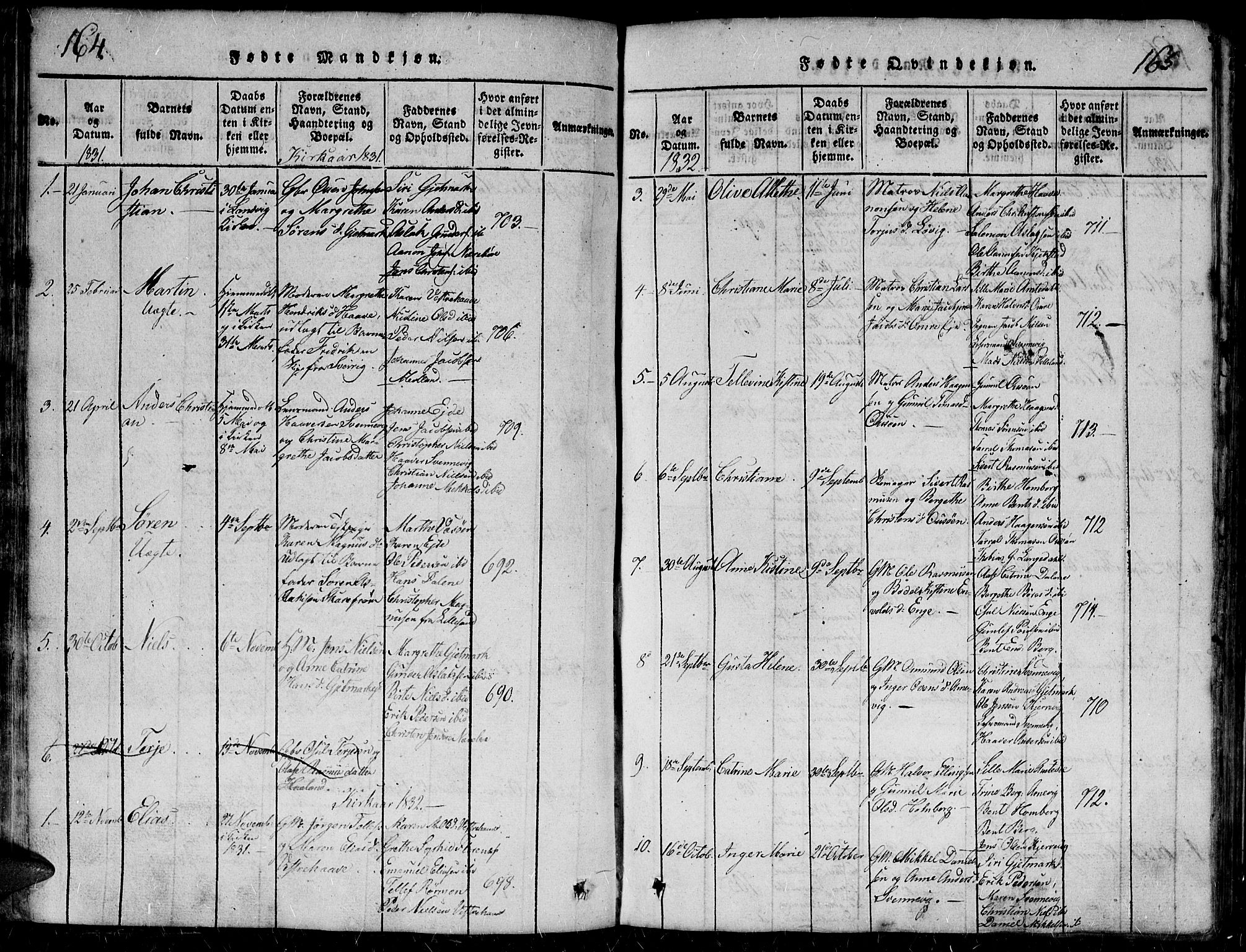 Hommedal sokneprestkontor, AV/SAK-1111-0023/F/Fb/Fbb/L0003: Parish register (copy) no. B 3 /2, 1816-1850, p. 164-165