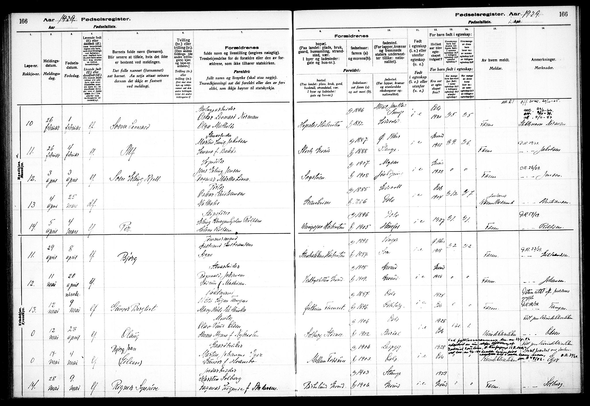 Østre Aker prestekontor Kirkebøker, SAO/A-10840/J/Jb/L0001: Birth register no. II 1, 1916-1932, p. 166