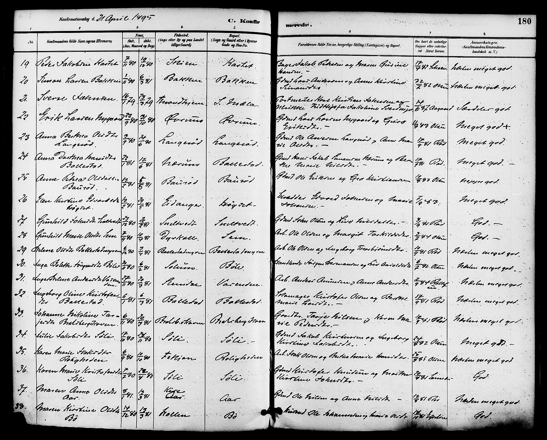 Gjerpen kirkebøker, SAKO/A-265/F/Fa/L0010: Parish register (official) no. I 10, 1886-1895, p. 180