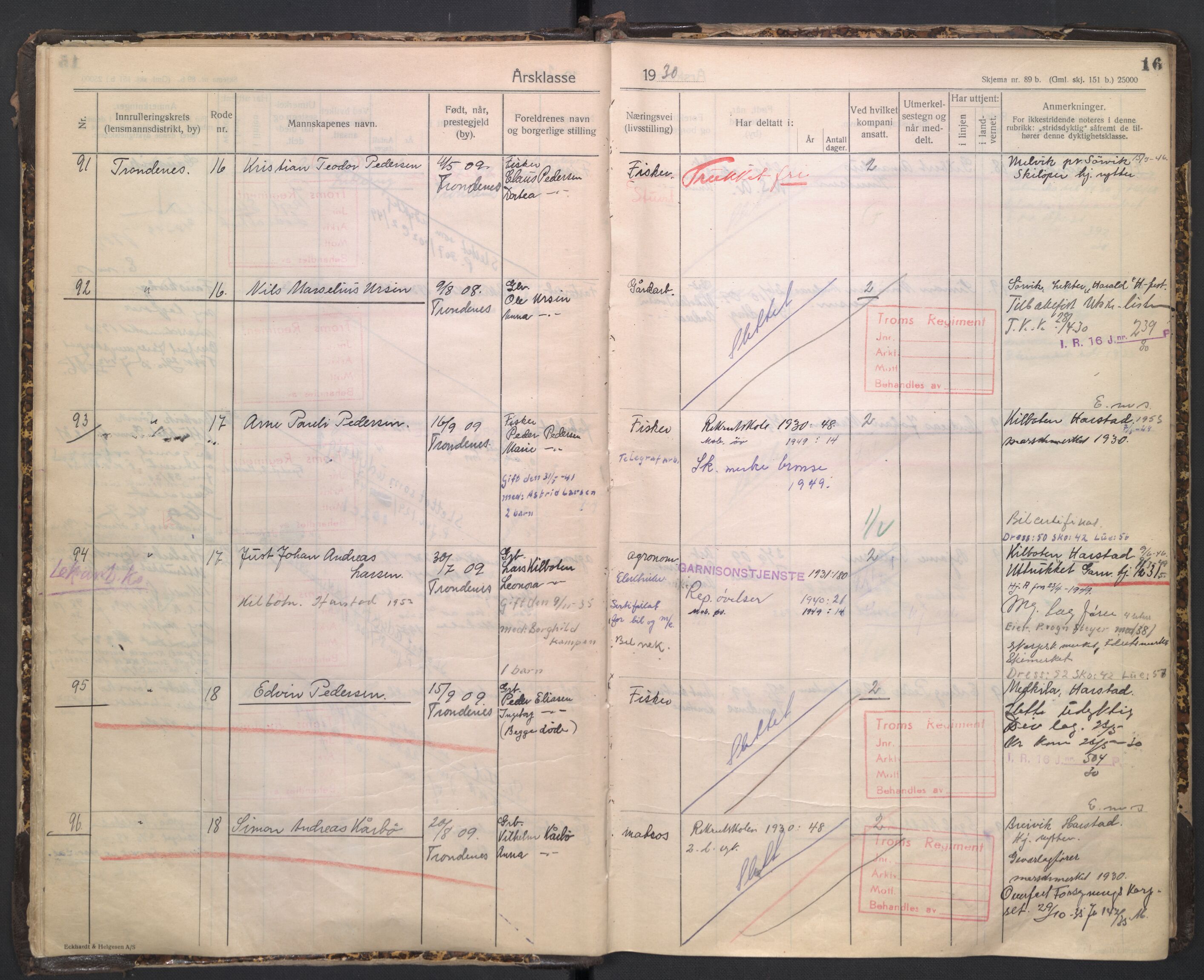 Forsvaret, Troms infanteriregiment nr. 16, AV/RA-RAFA-3146/P/Pa/L0005/0003: Ruller / Rulle for regimentets stridende menige mannskaper, årsklasse 1930, 1930, p. 16