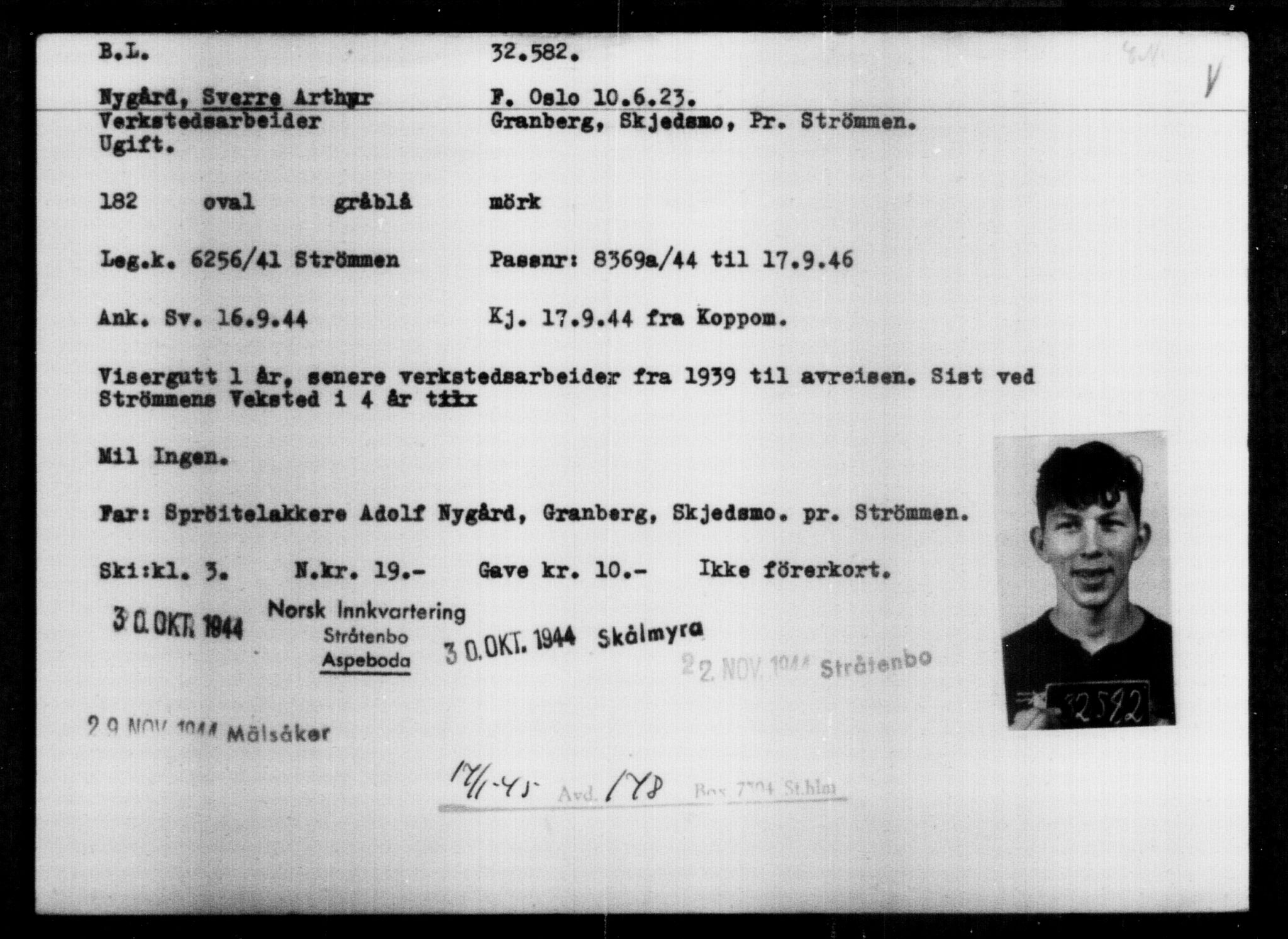 Utenriksstasjonene, Legasjonen i Stockholm, Flyktningkontoret, AV/RA-S-6753/V/Va/L0013: Kjesäterkartoteket, flyktninger med registreringsnr. 31500-34731, 1940-1945, p. 1141
