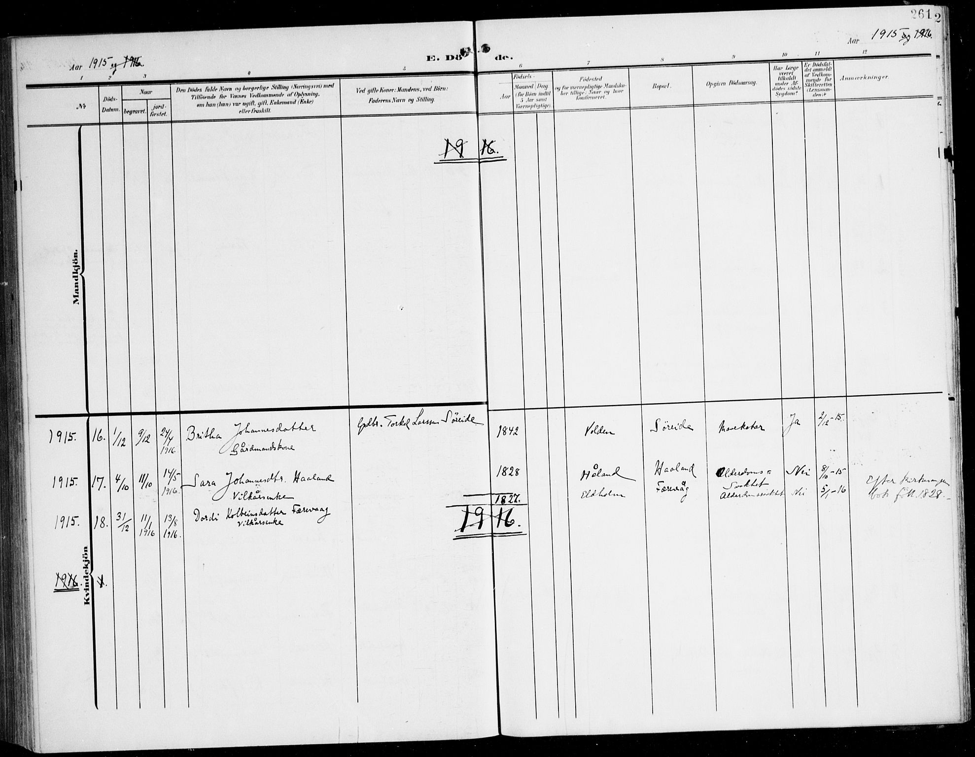 Tysnes sokneprestembete, AV/SAB-A-78601/H/Haa: Parish register (official) no. D 2, 1905-1922, p. 261