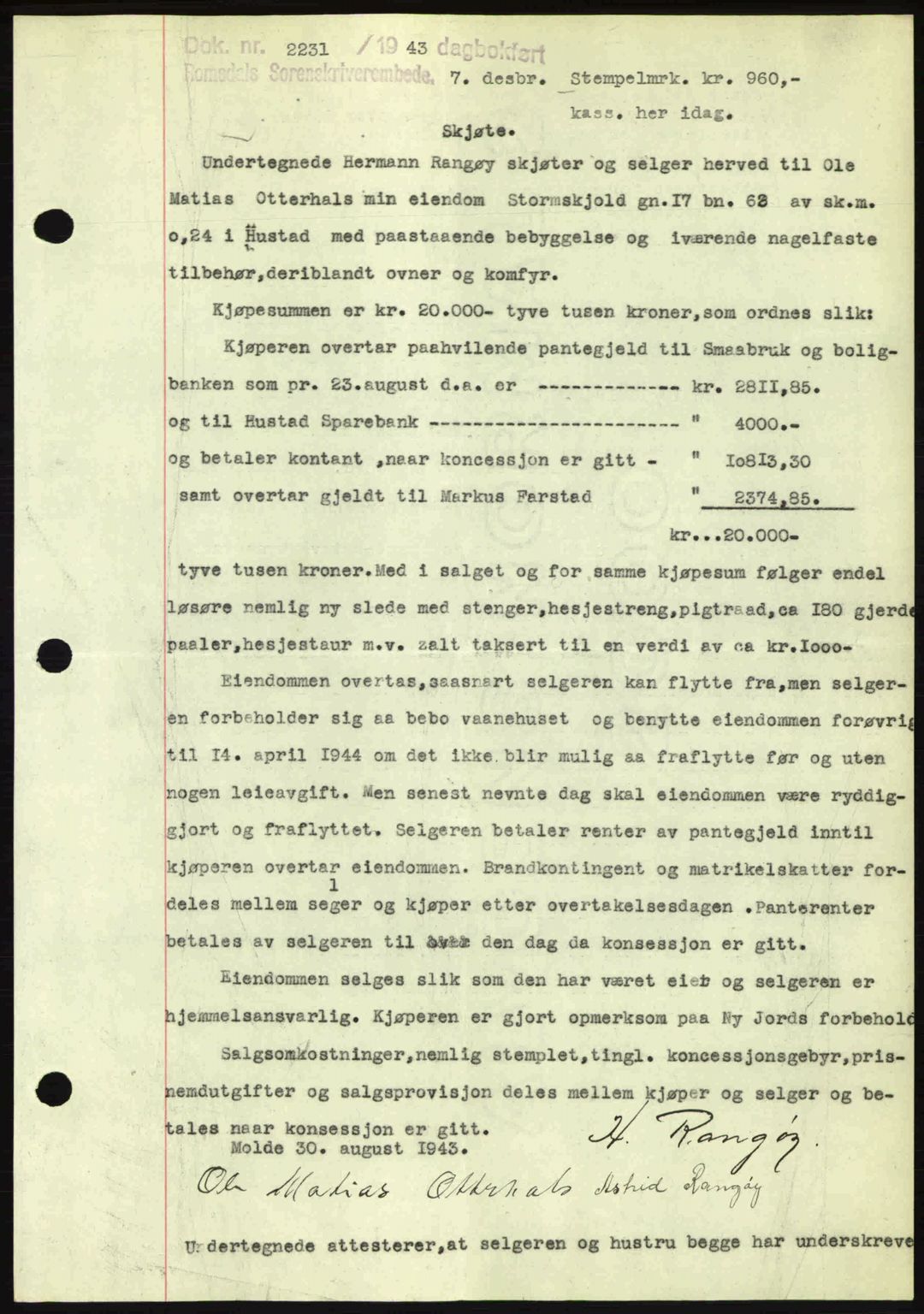 Romsdal sorenskriveri, AV/SAT-A-4149/1/2/2C: Mortgage book no. A15, 1943-1944, Diary no: : 2231/1943