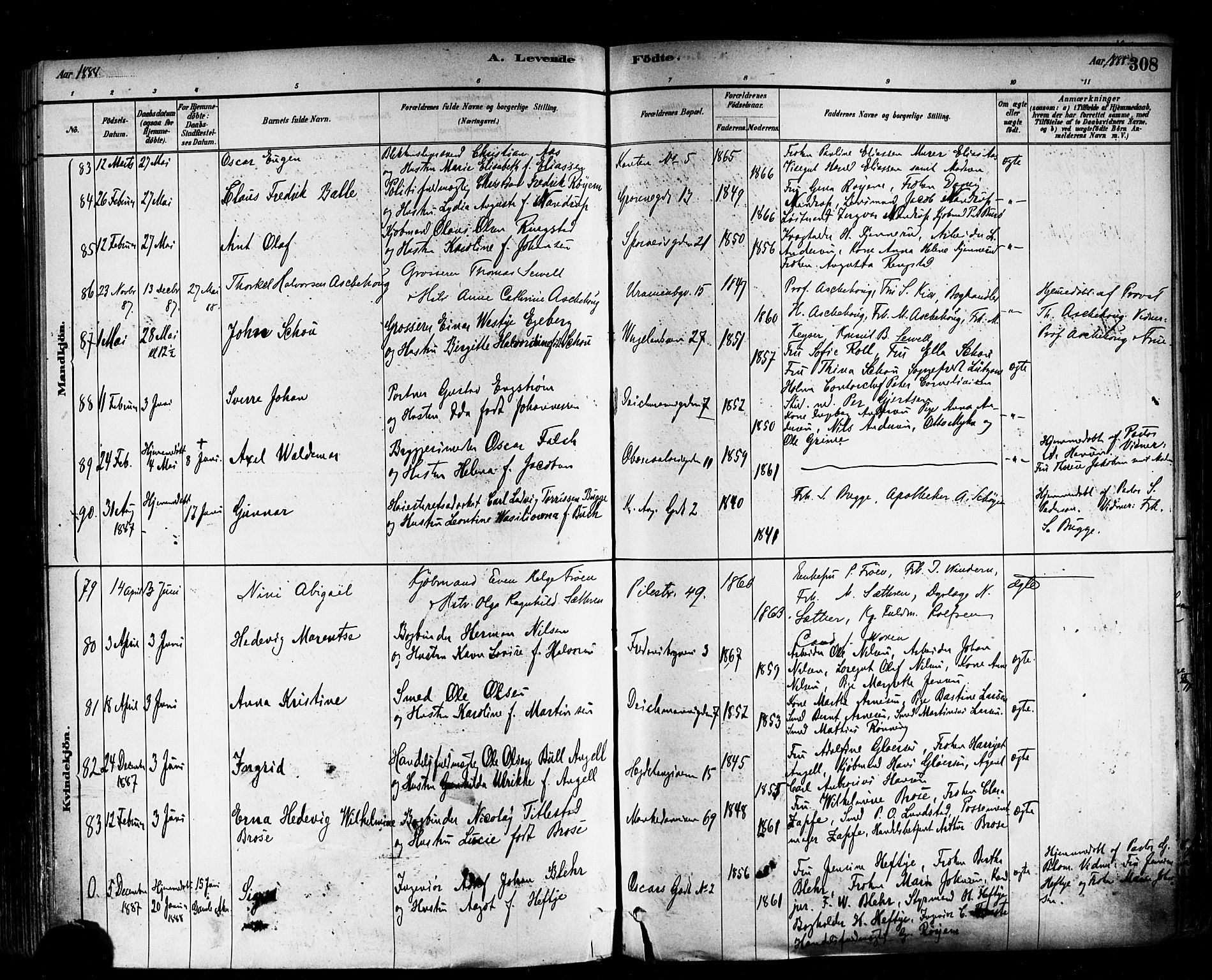 Trefoldighet prestekontor Kirkebøker, SAO/A-10882/F/Fa/L0005: Parish register (official) no. I 5, 1881-1891, p. 308