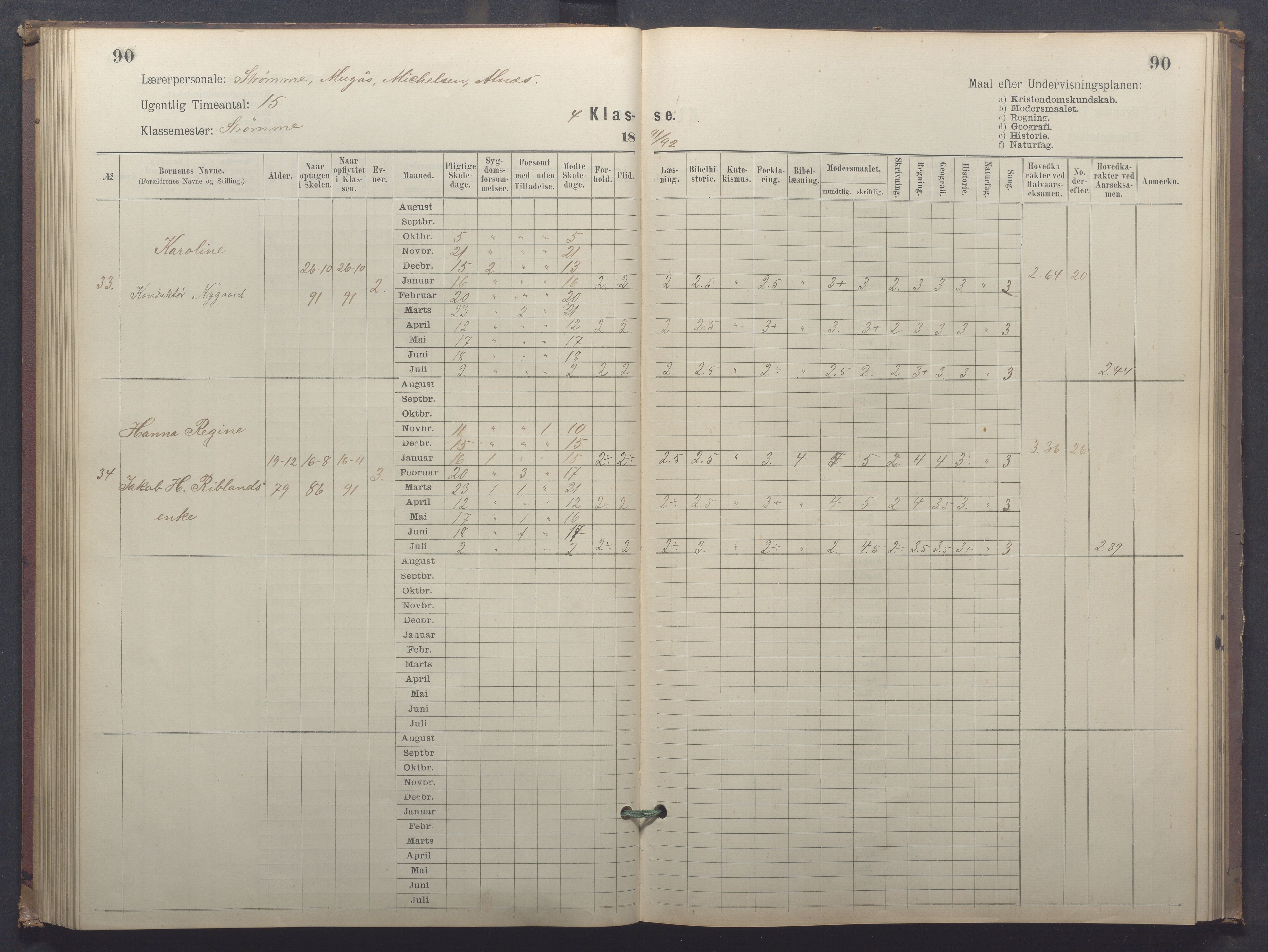 Egersund kommune (Ladested) - Egersund almueskole/folkeskole, IKAR/K-100521/H/L0025: Skoleprotokoll - Almueskolen, 4. klasse, 1887-1892, p. 90