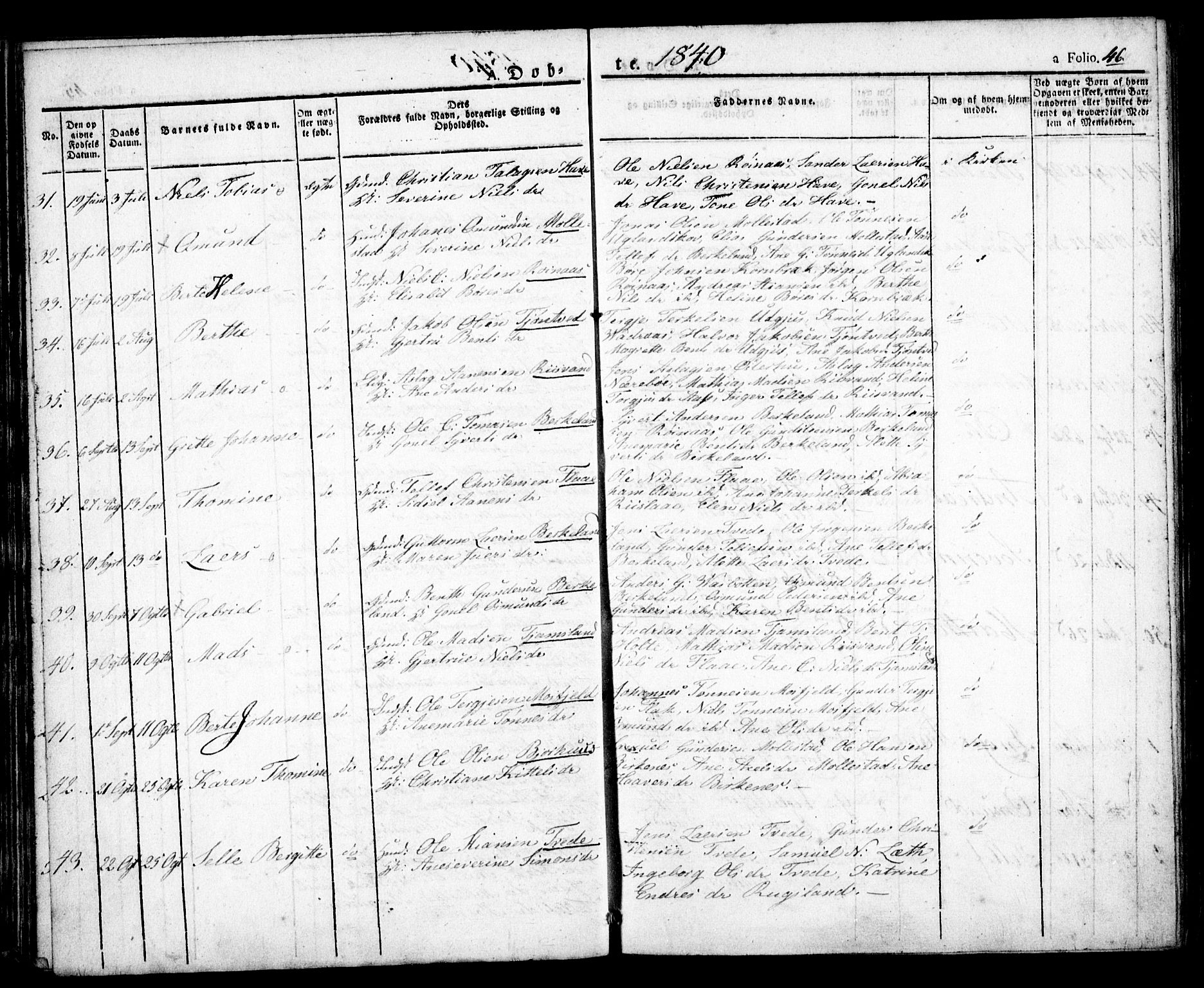 Birkenes sokneprestkontor, AV/SAK-1111-0004/F/Fa/L0001: Parish register (official) no. A 1, 1829-1849, p. 46