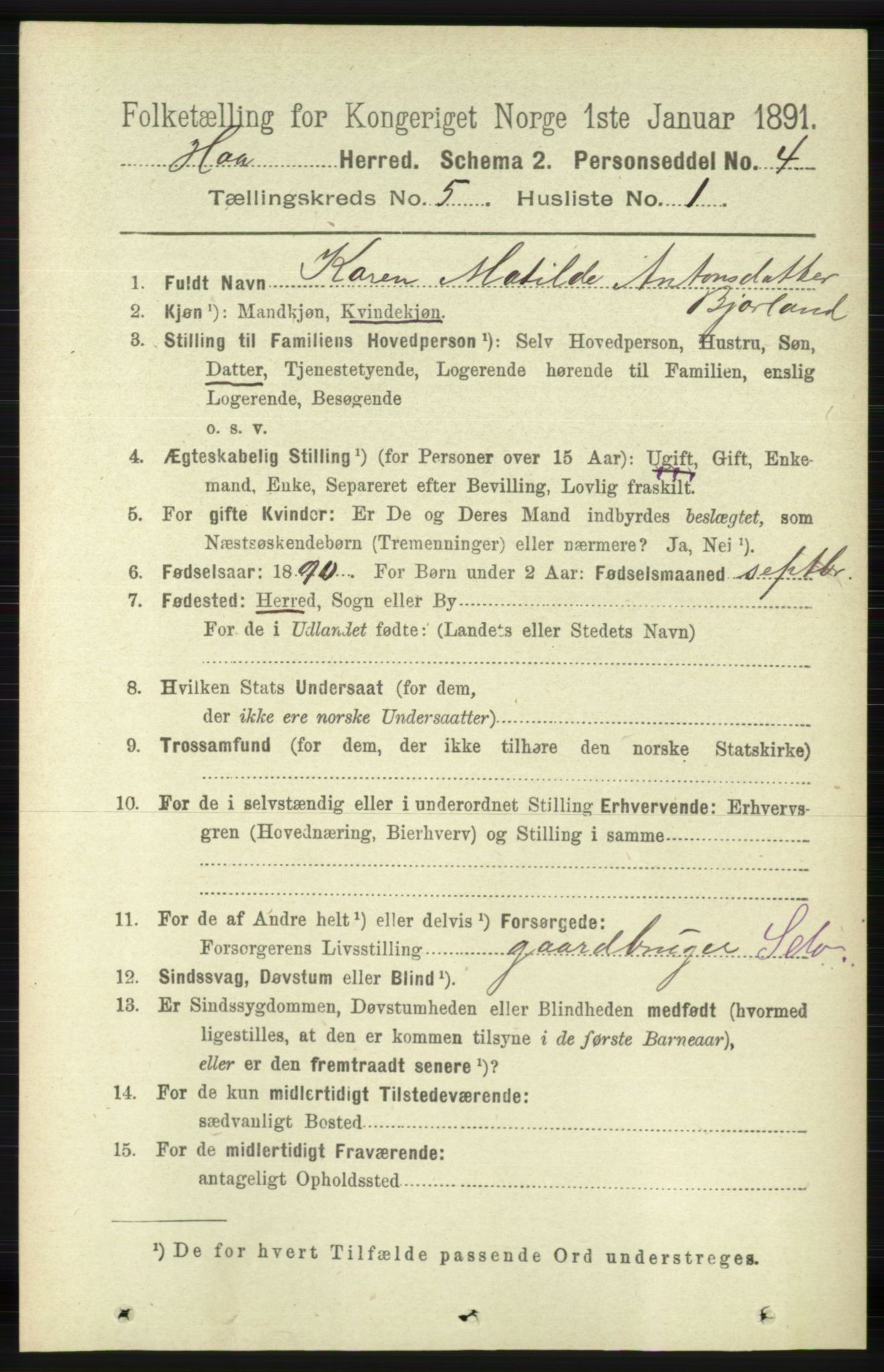 RA, 1891 census for 1119 Hå, 1891, p. 1346