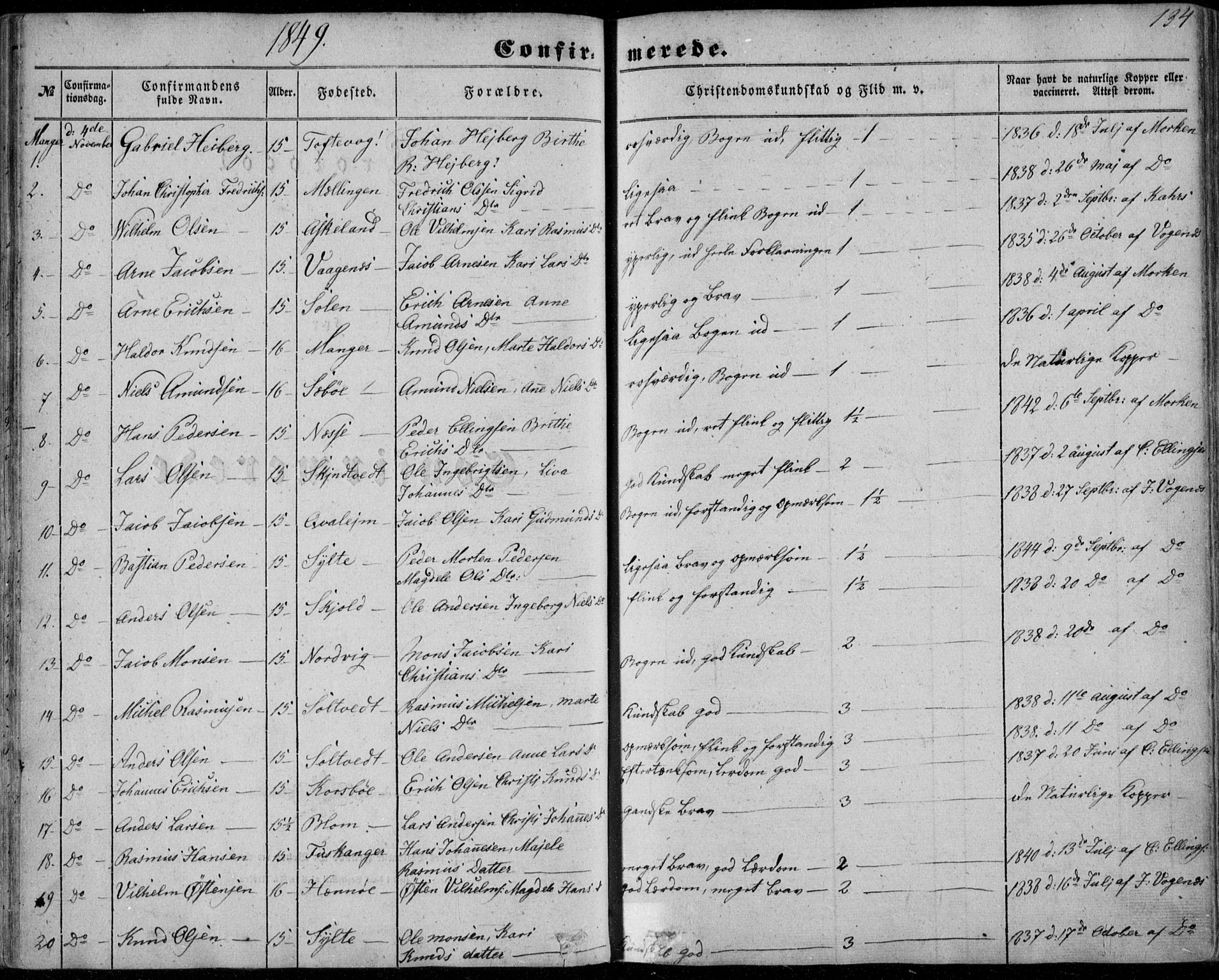 Manger sokneprestembete, SAB/A-76801/H/Haa: Parish register (official) no. A 6, 1849-1859, p. 134