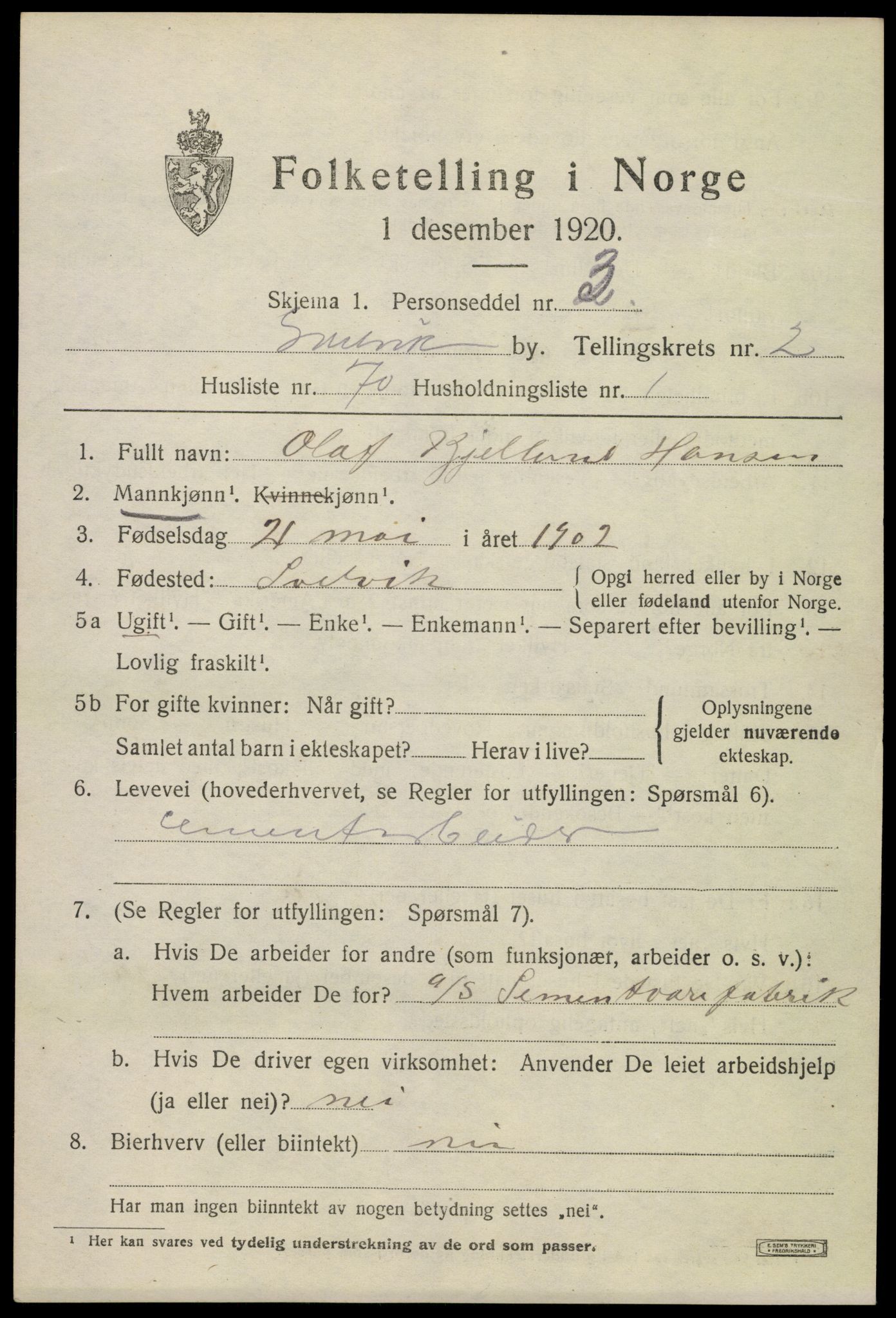 SAKO, 1920 census for Svelvik, 1920, p. 3117