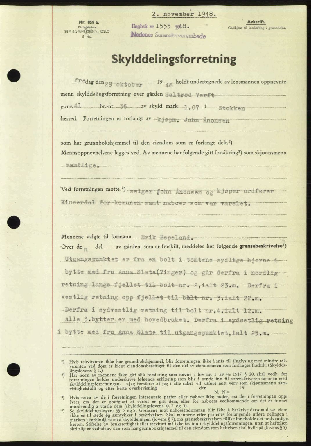 Nedenes sorenskriveri, SAK/1221-0006/G/Gb/Gba/L0059: Mortgage book no. A11, 1948-1948, Diary no: : 1555/1948