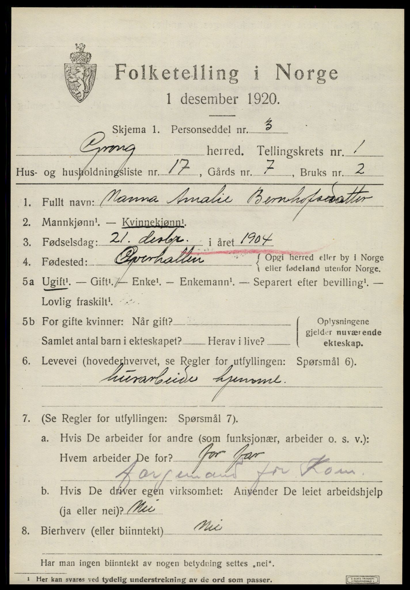 SAT, 1920 census for Grong, 1920, p. 1243