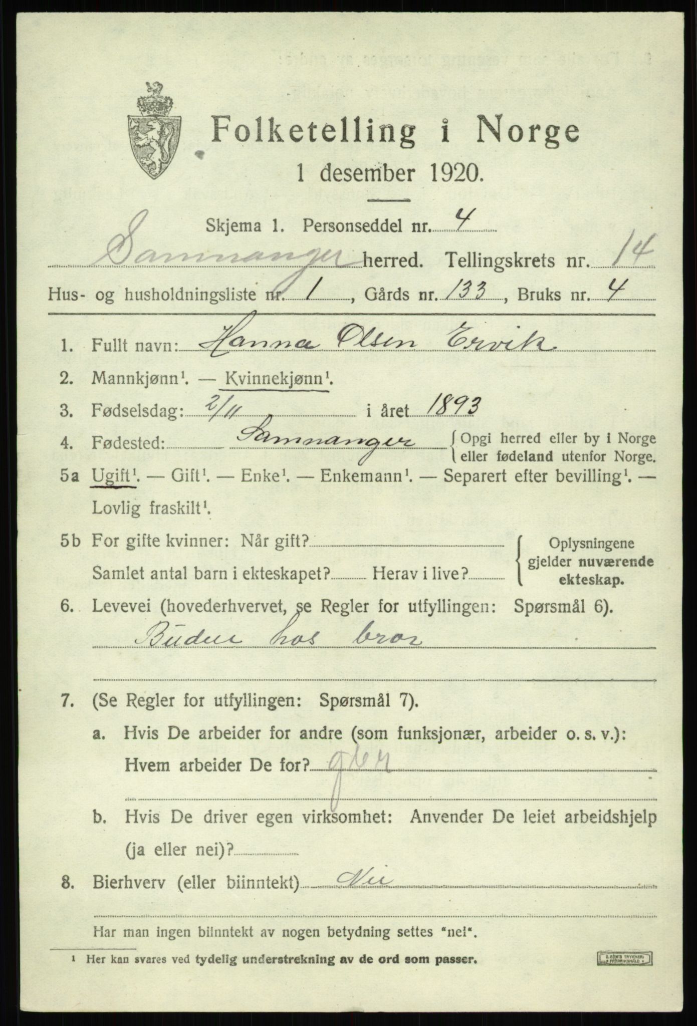 SAB, 1920 census for Samnanger, 1920, p. 5891