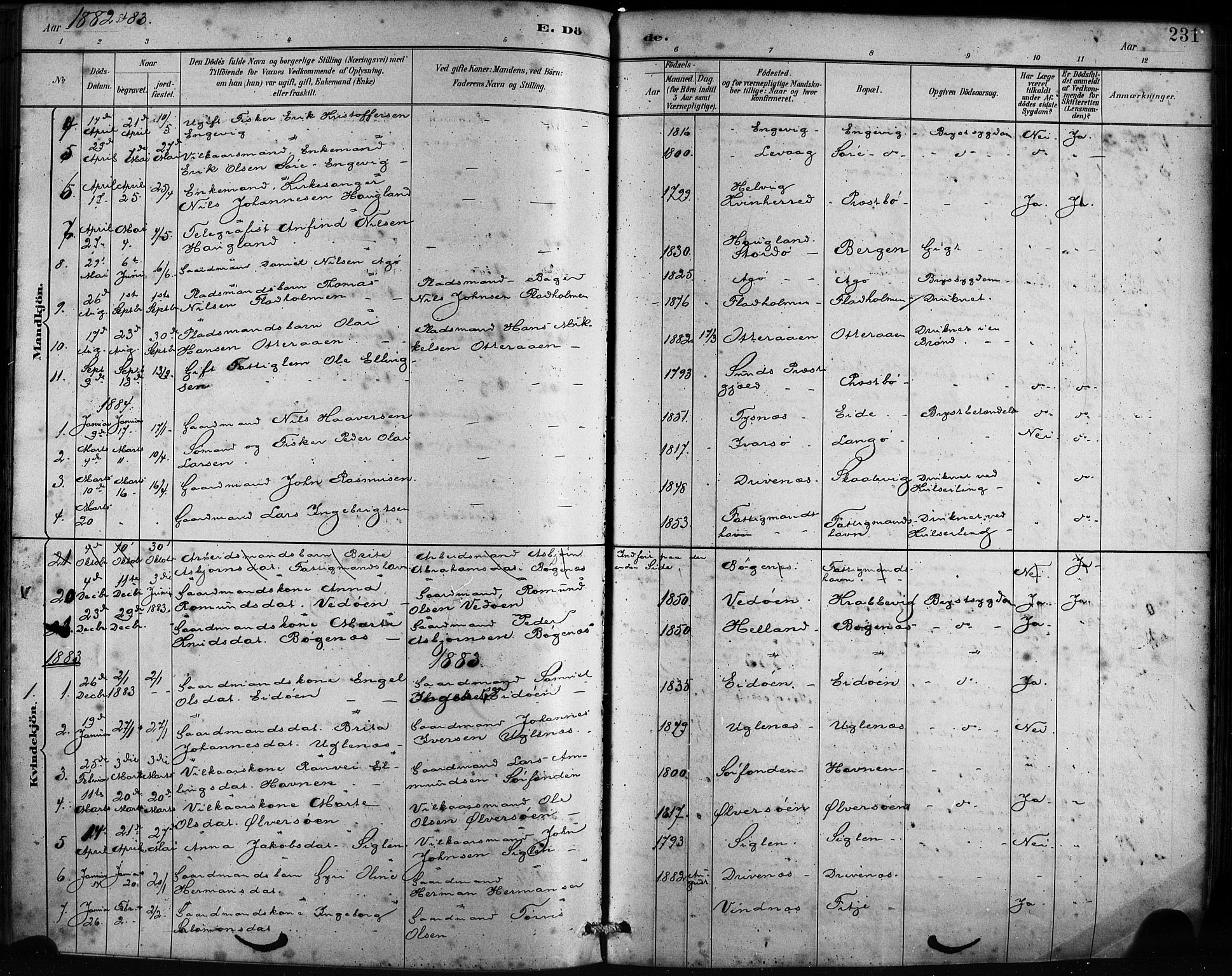 Fitjar sokneprestembete, SAB/A-99926: Parish register (official) no. A 2, 1882-1899, p. 231