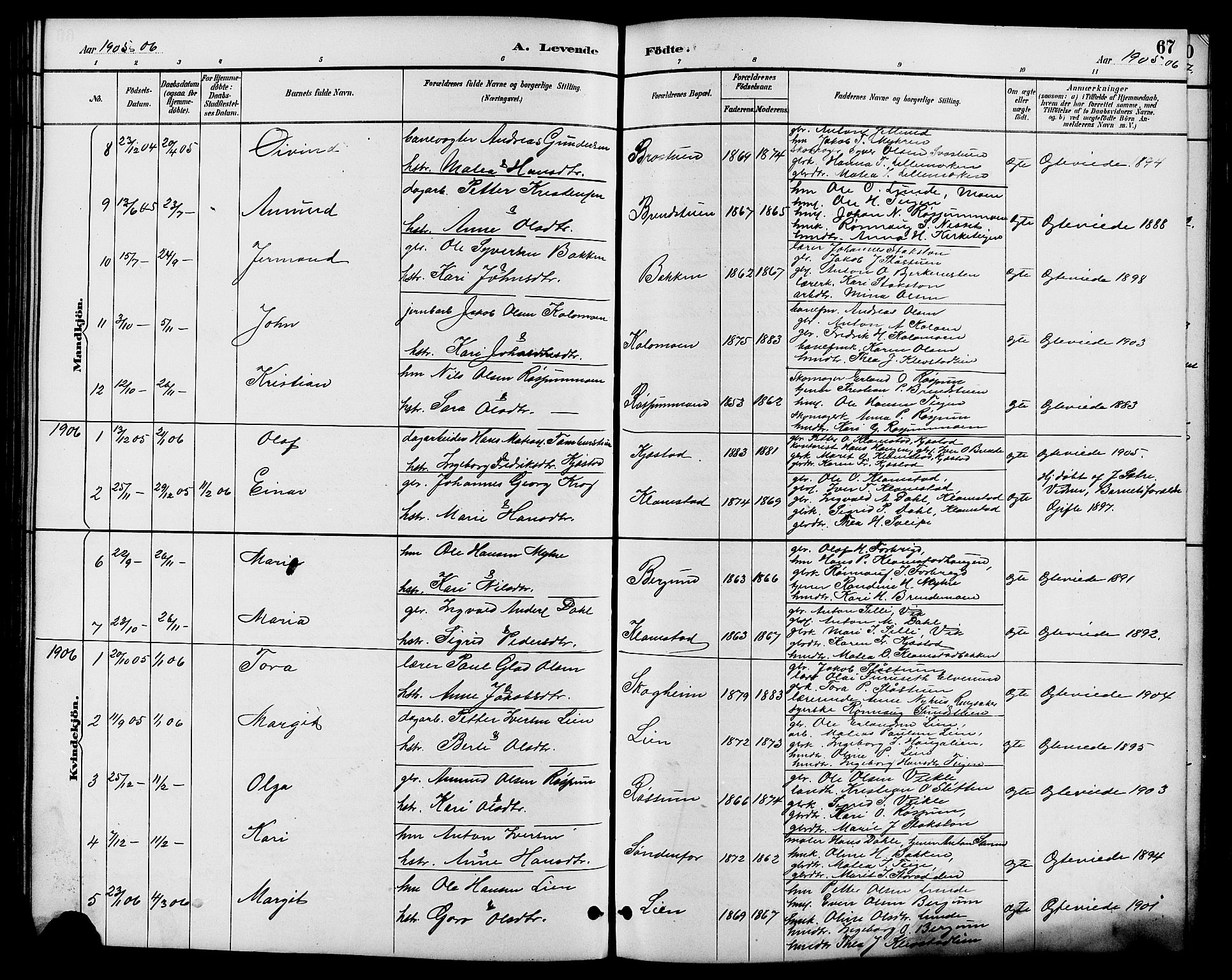 Nord-Fron prestekontor, AV/SAH-PREST-080/H/Ha/Hab/L0006: Parish register (copy) no. 6, 1887-1914, p. 67