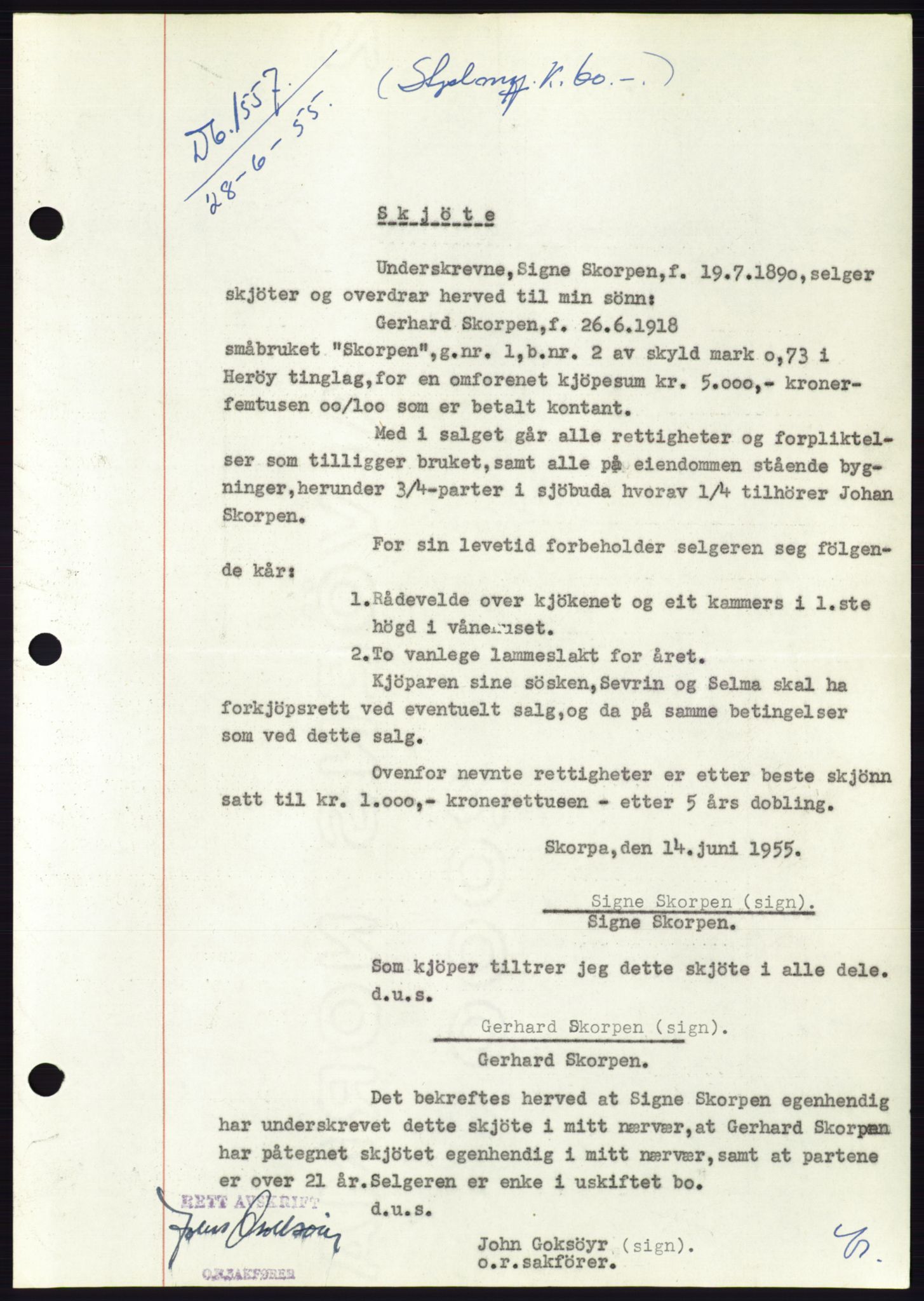 Søre Sunnmøre sorenskriveri, AV/SAT-A-4122/1/2/2C/L0101: Mortgage book no. 27A, 1955-1955, Diary no: : 1557/1955