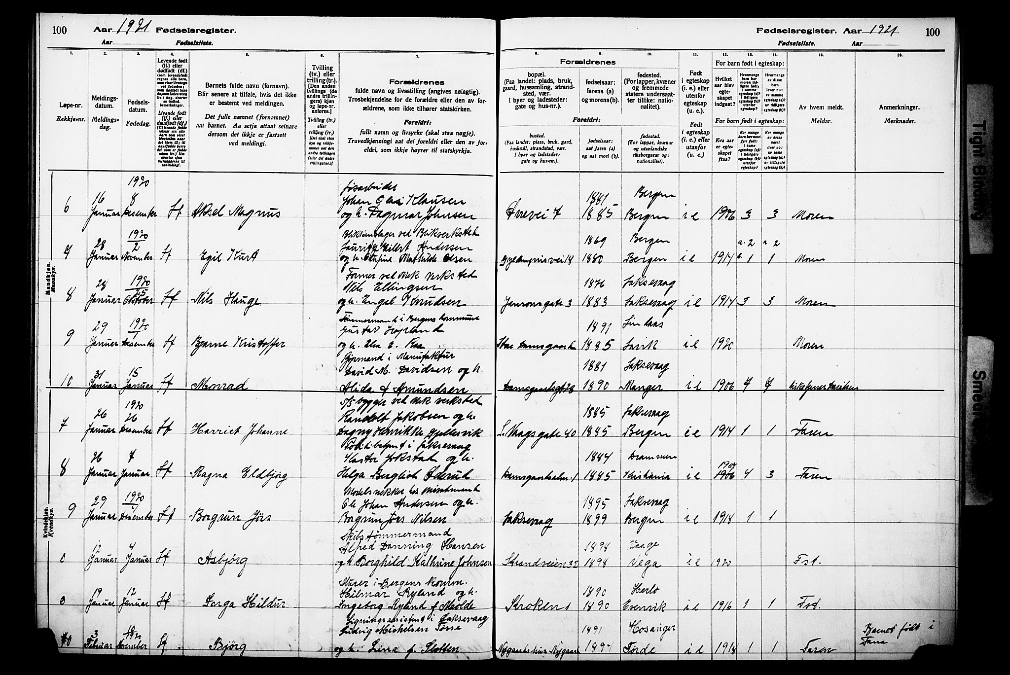 Laksevåg Sokneprestembete, AV/SAB-A-76501/I/Id/L00A1: Birth register no. A 1, 1916-1926, p. 100