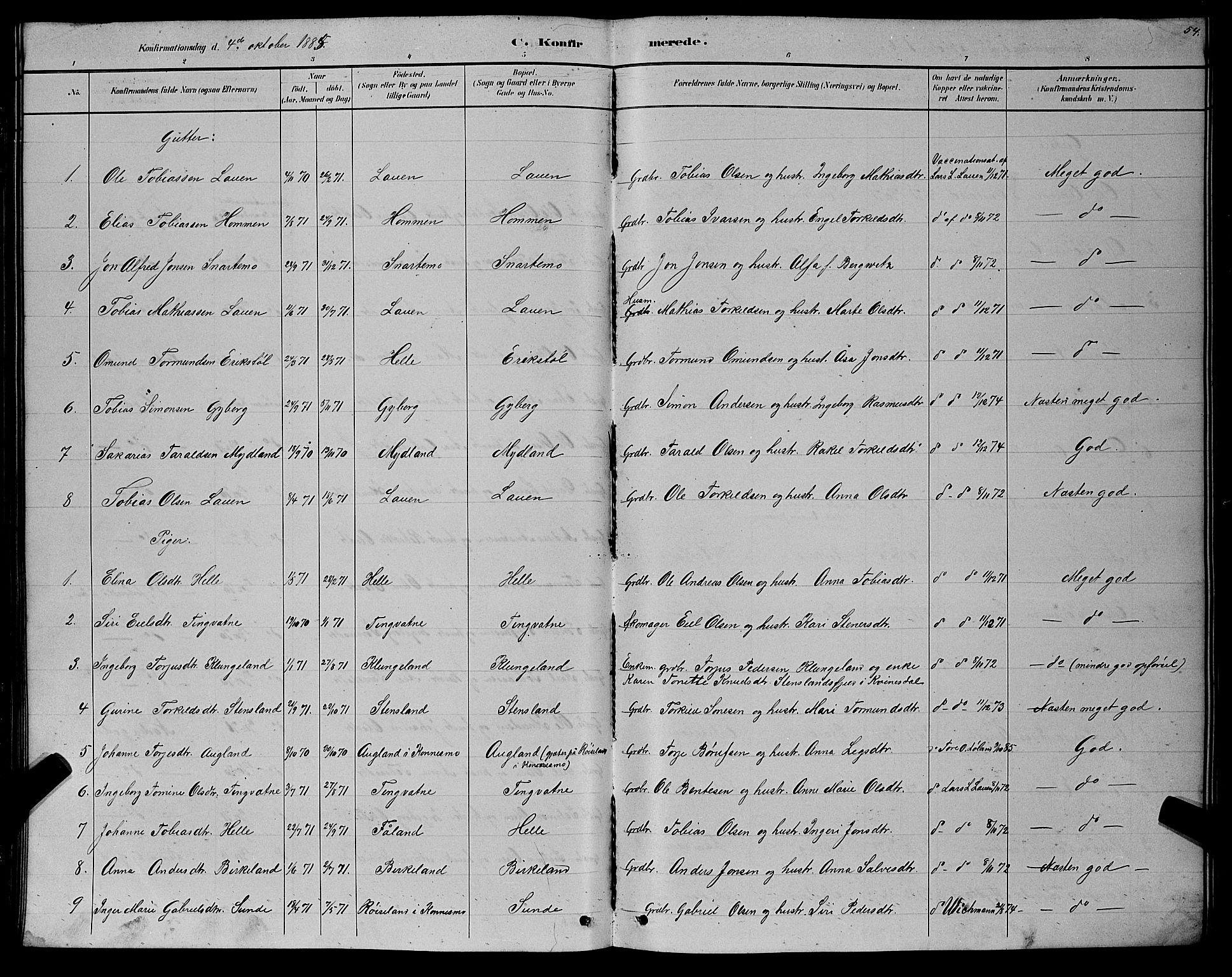 Hægebostad sokneprestkontor, SAK/1111-0024/F/Fb/Fba/L0003: Parish register (copy) no. B 3, 1883-1896, p. 54