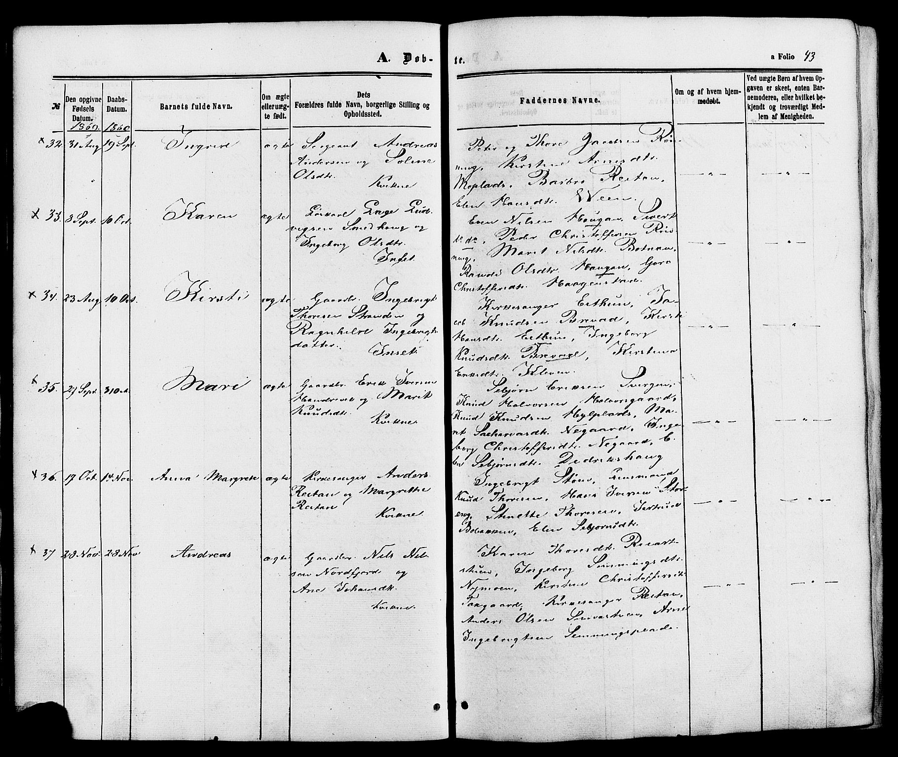 Kvikne prestekontor, AV/SAH-PREST-064/H/Ha/Haa/L0006: Parish register (official) no. 6, 1863-1886, p. 43