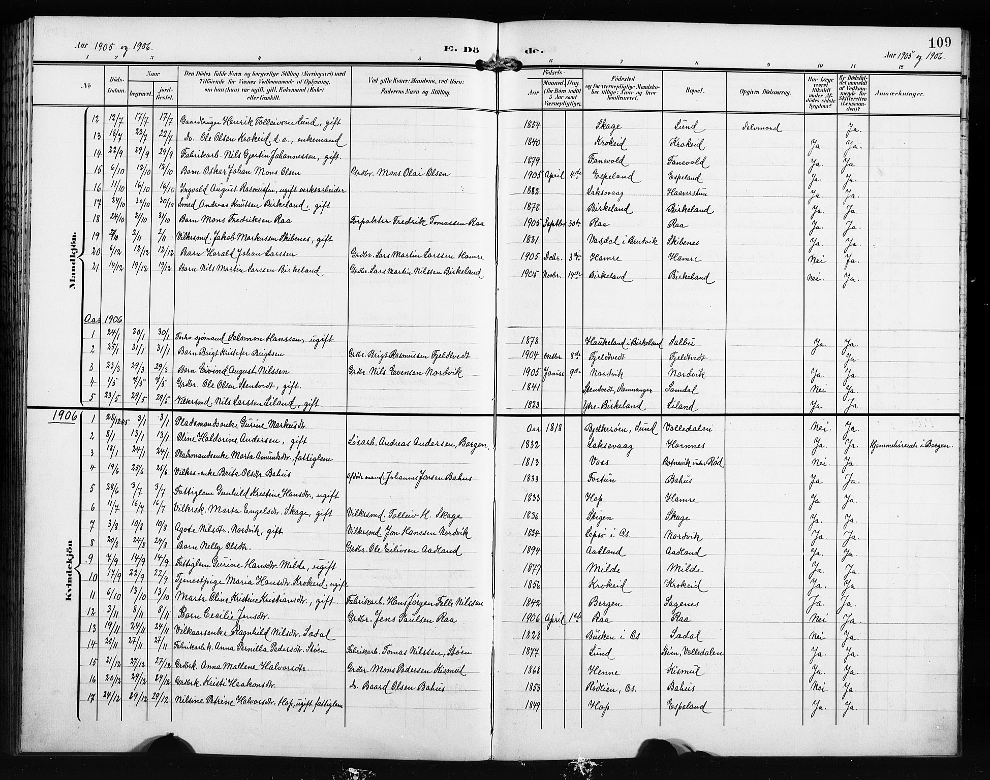 Fana Sokneprestembete, AV/SAB-A-75101/H/Hab/Haba/L0004: Parish register (copy) no. A 4, 1902-1912, p. 109