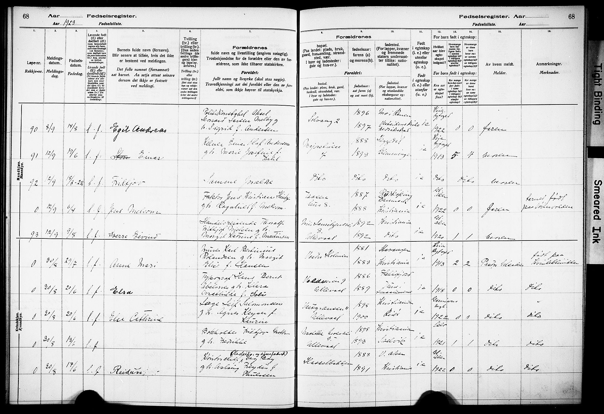 Vestre Aker prestekontor Kirkebøker, AV/SAO-A-10025/J/Ja/L0002: Birth register no. 2, 1922-1926, p. 68