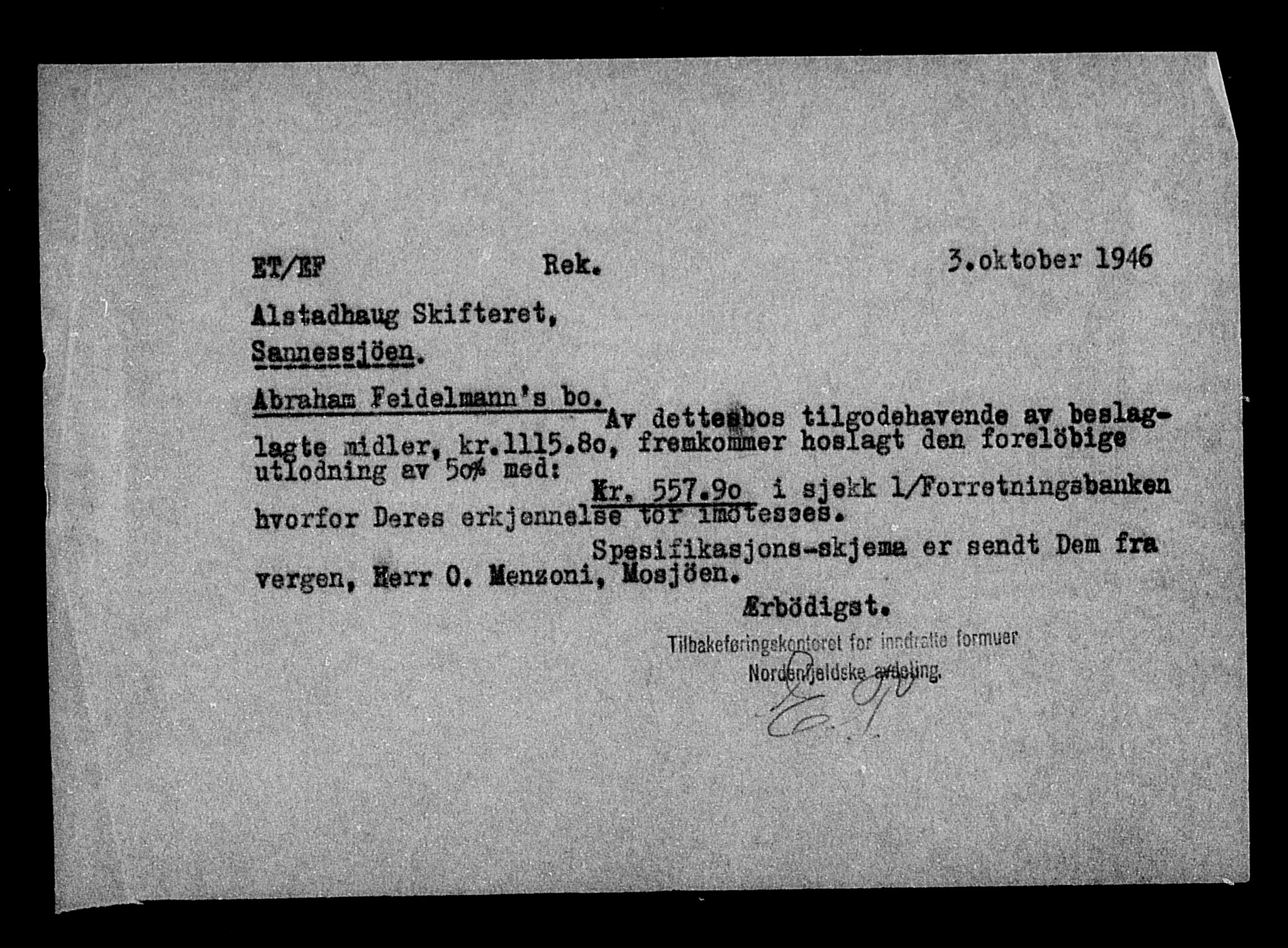 Justisdepartementet, Tilbakeføringskontoret for inndratte formuer, AV/RA-S-1564/H/Hc/Hcb/L0912: --, 1945-1947, p. 6