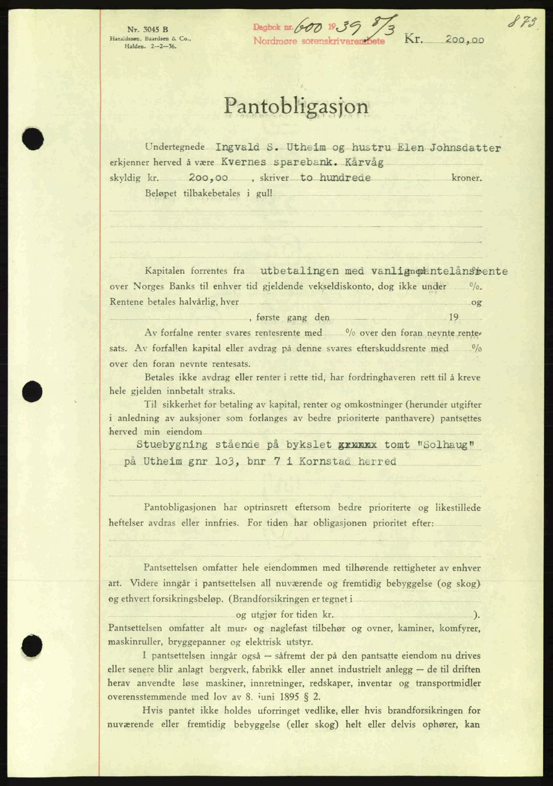 Nordmøre sorenskriveri, SAT/A-4132/1/2/2Ca: Mortgage book no. B84, 1938-1939, Diary no: : 600/1939