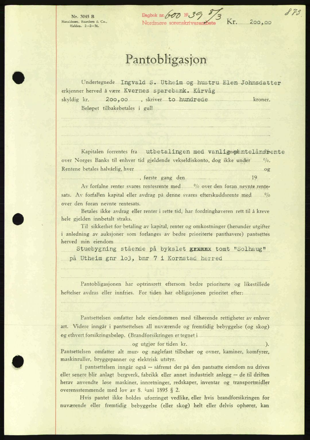 Nordmøre sorenskriveri, AV/SAT-A-4132/1/2/2Ca: Mortgage book no. B84, 1938-1939, Diary no: : 600/1939