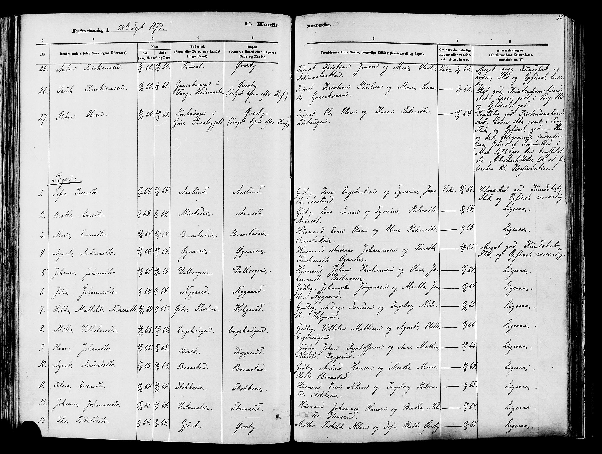 Vardal prestekontor, SAH/PREST-100/H/Ha/Haa/L0009: Parish register (official) no. 9, 1878-1892, p. 92