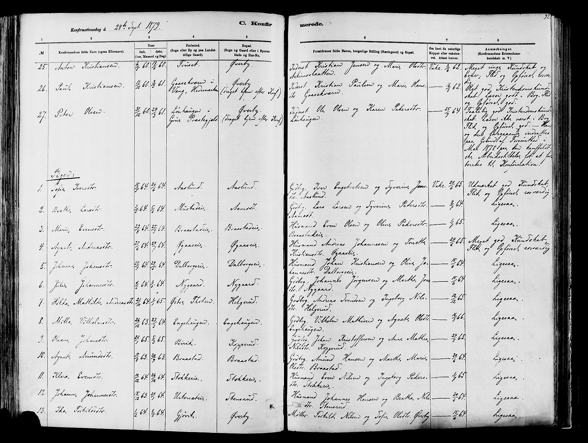 Vardal prestekontor, AV/SAH-PREST-100/H/Ha/Haa/L0009: Parish register (official) no. 9, 1878-1892, p. 92