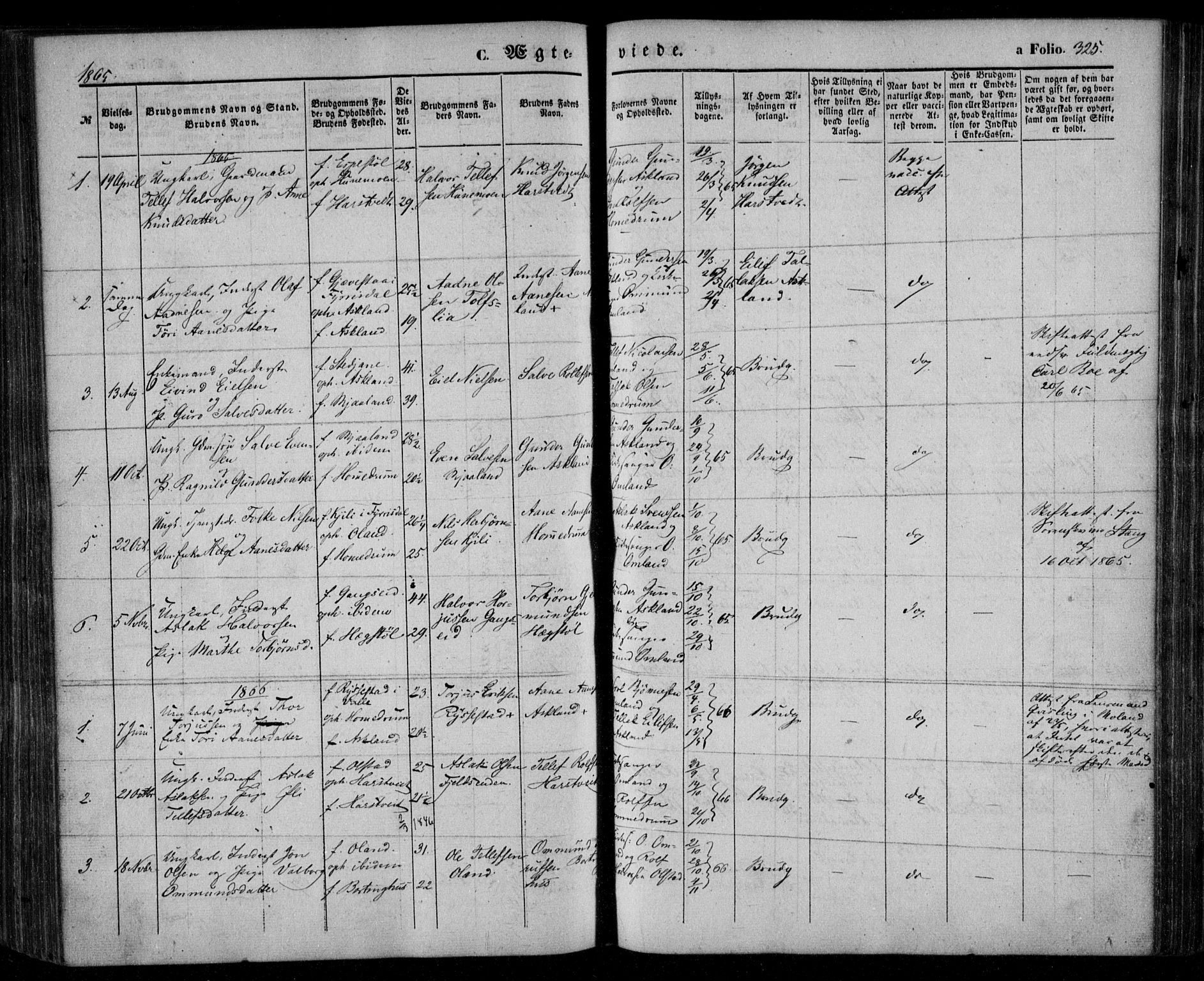 Åmli sokneprestkontor, AV/SAK-1111-0050/F/Fa/Fac/L0008: Parish register (official) no. A 8, 1852-1869, p. 325