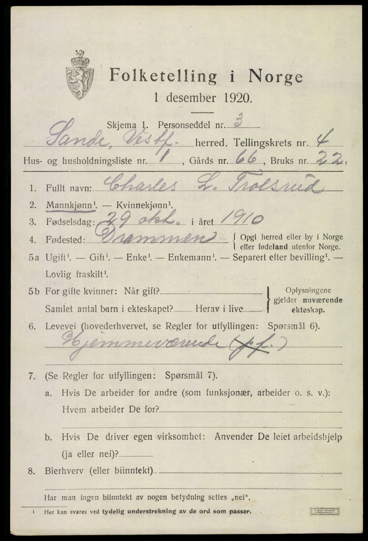 SAKO, 1920 census for Sande, 1920, p. 5618