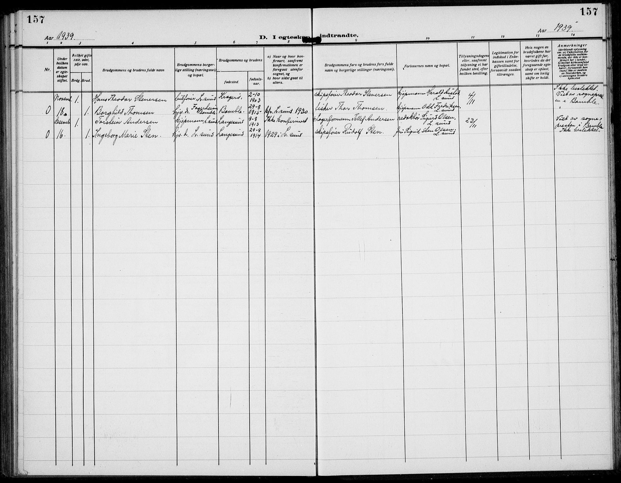 Langesund kirkebøker, AV/SAKO-A-280/G/Ga/L0007: Parish register (copy) no. 7, 1919-1939, p. 157