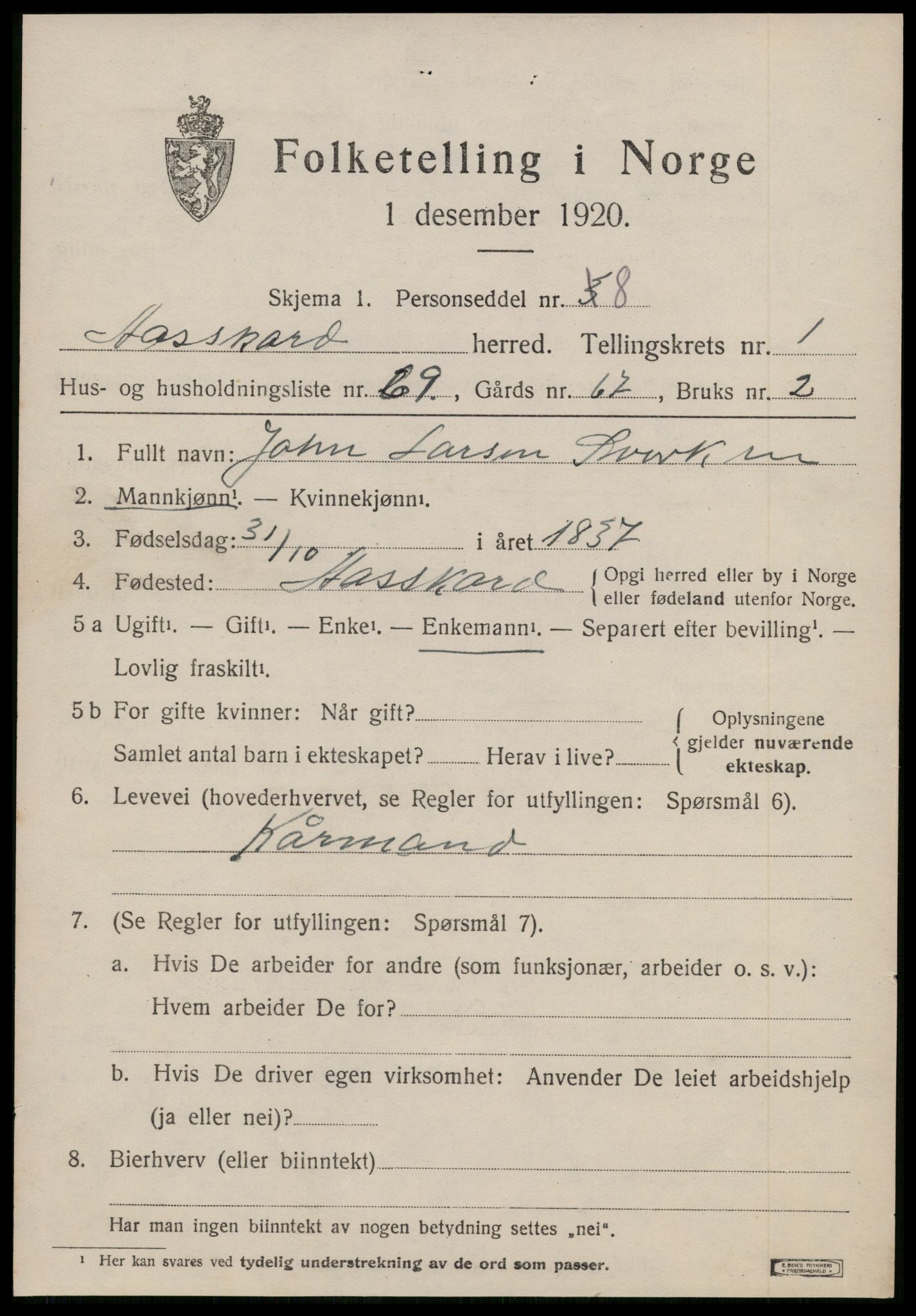 SAT, 1920 census for Åsskard, 1920, p. 1185