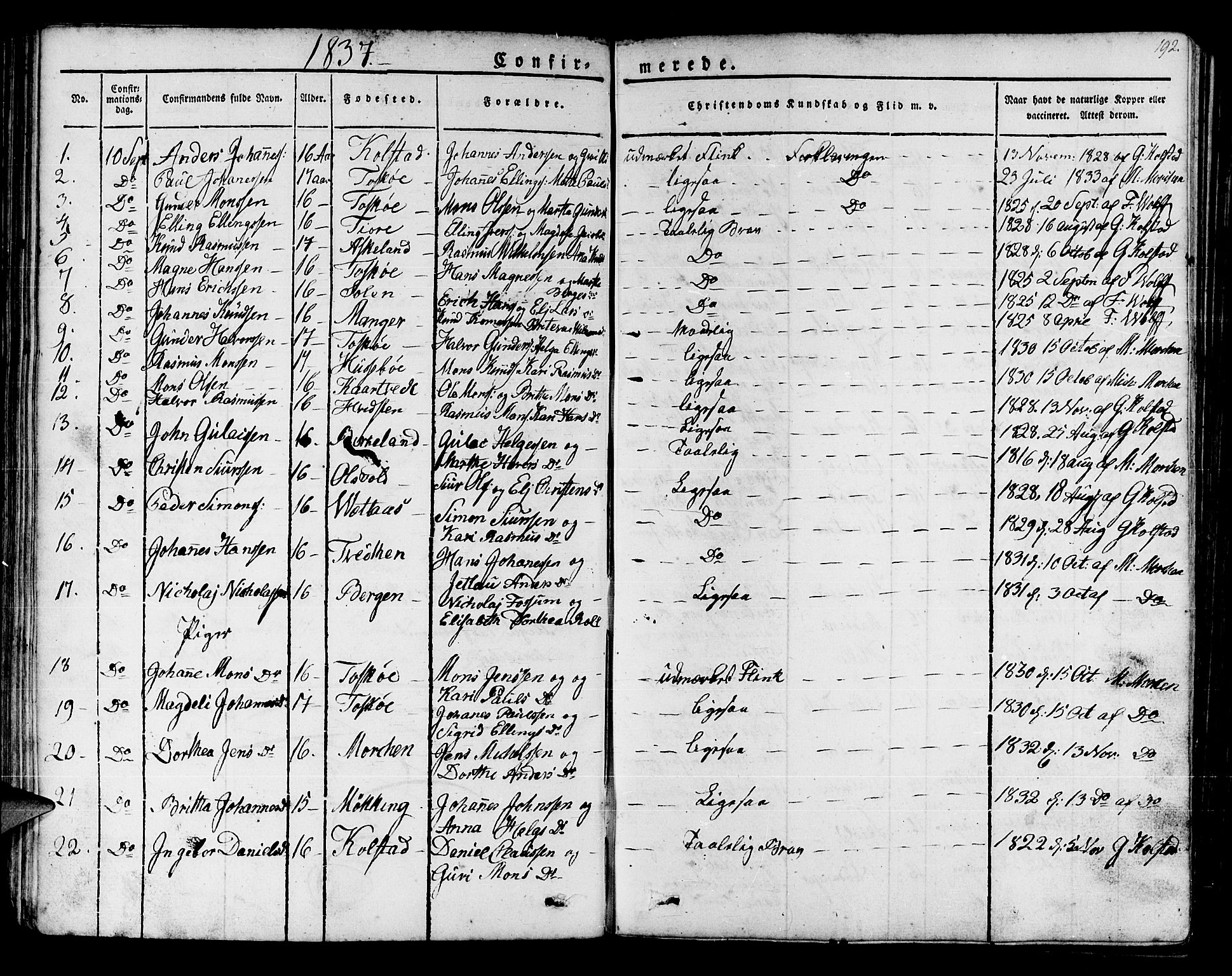 Manger sokneprestembete, SAB/A-76801/H/Haa: Parish register (official) no. A 4, 1824-1838, p. 192