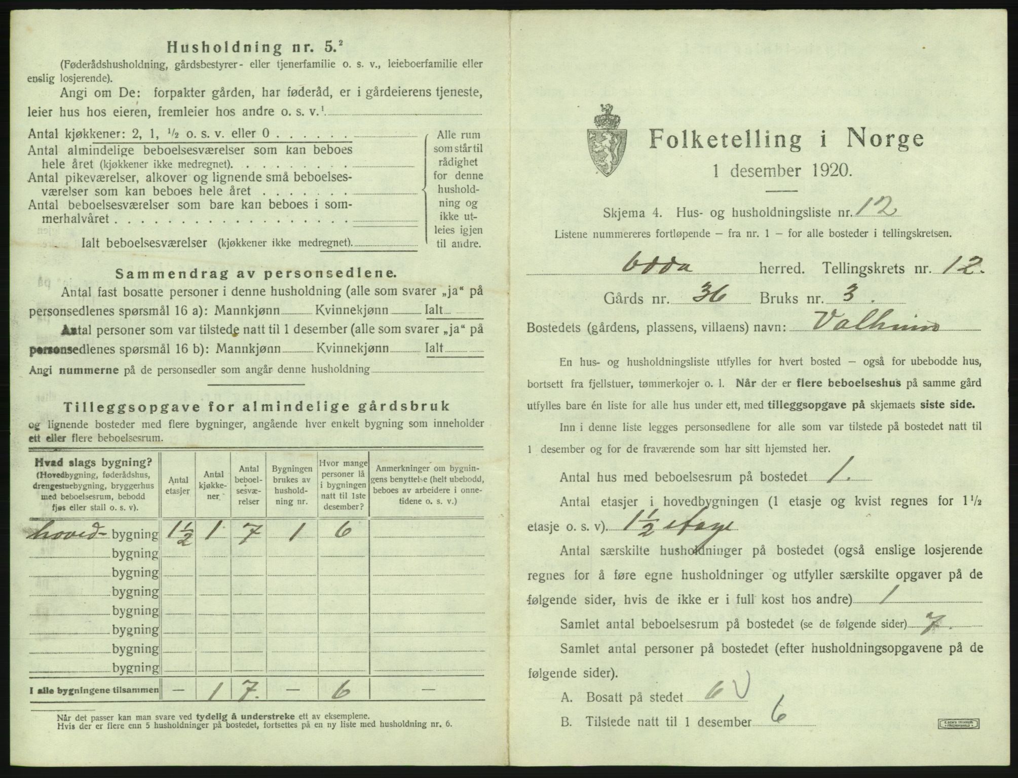 SAB, 1920 census for Odda, 1920, p. 1126