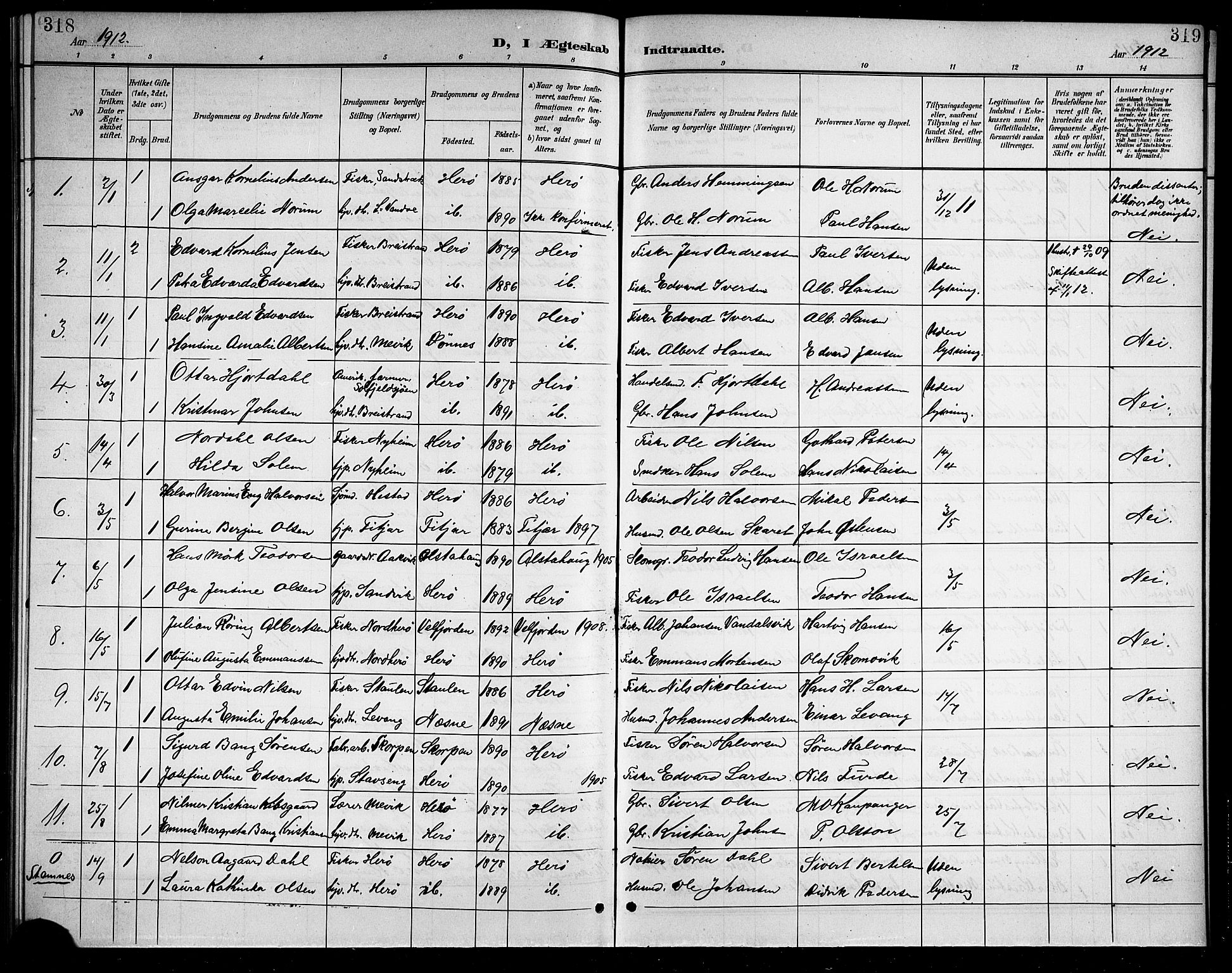 Ministerialprotokoller, klokkerbøker og fødselsregistre - Nordland, SAT/A-1459/834/L0516: Parish register (copy) no. 834C06, 1902-1918, p. 318-319