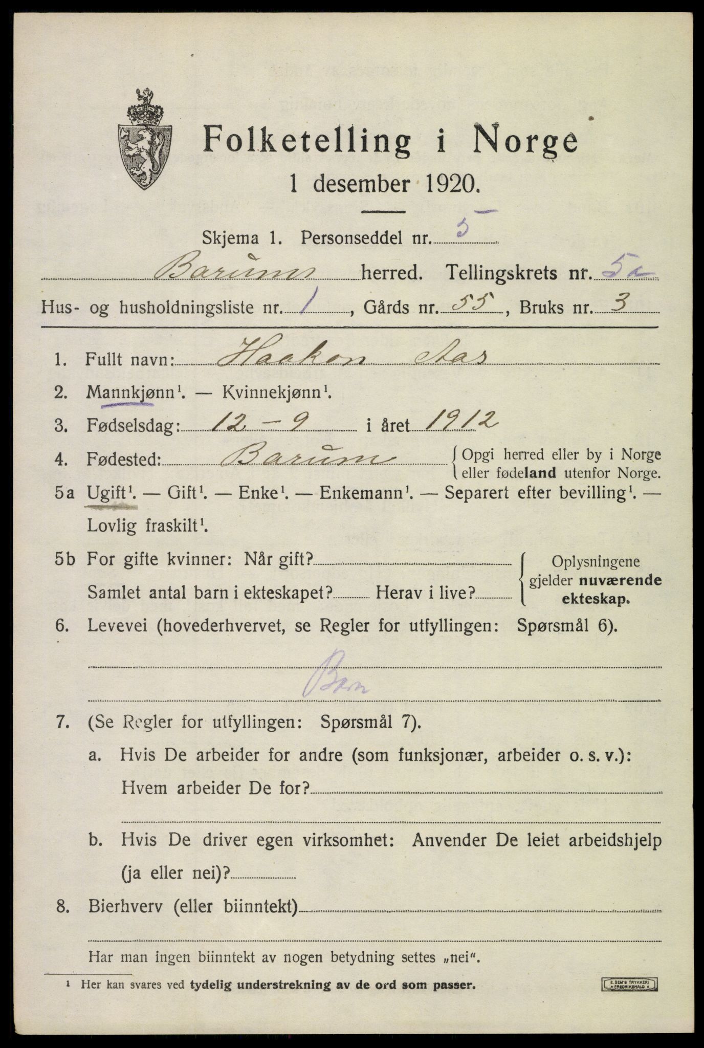 SAO, 1920 census for Bærum, 1920, p. 9742