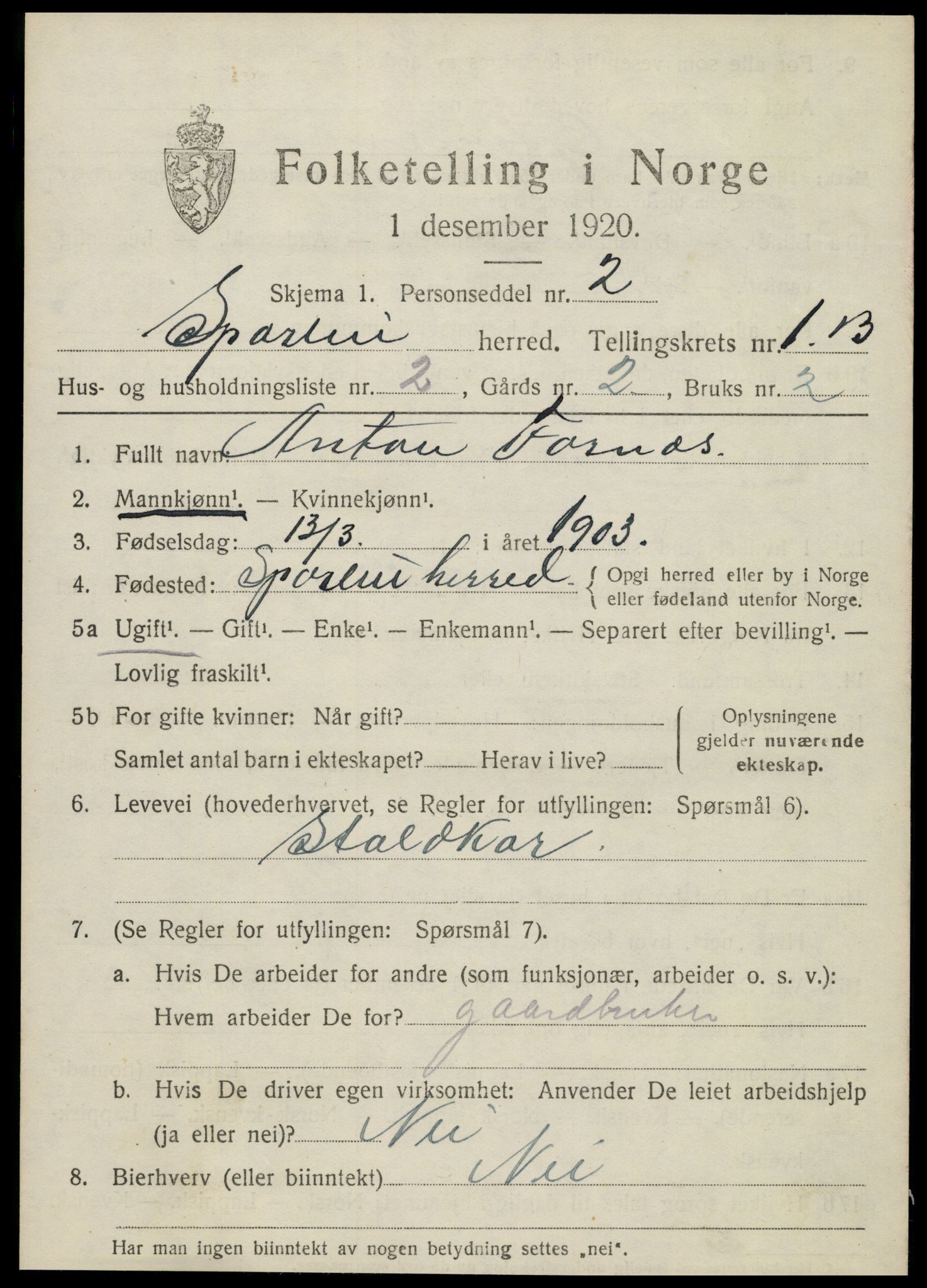 SAT, 1920 census for Sparbu, 1920, p. 1947