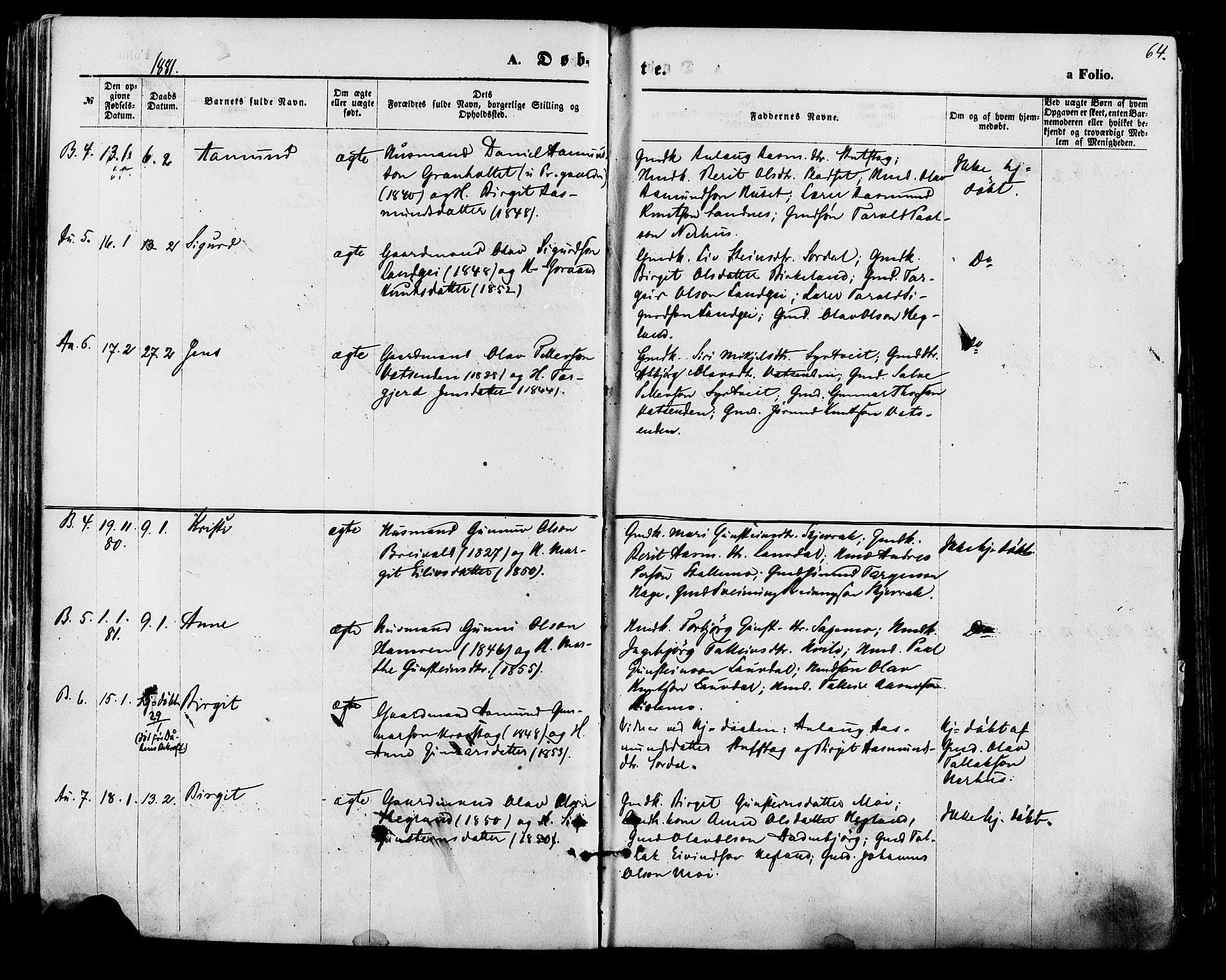 Bygland sokneprestkontor, AV/SAK-1111-0006/F/Fa/Fab/L0006: Parish register (official) no. A 6, 1873-1884, p. 64