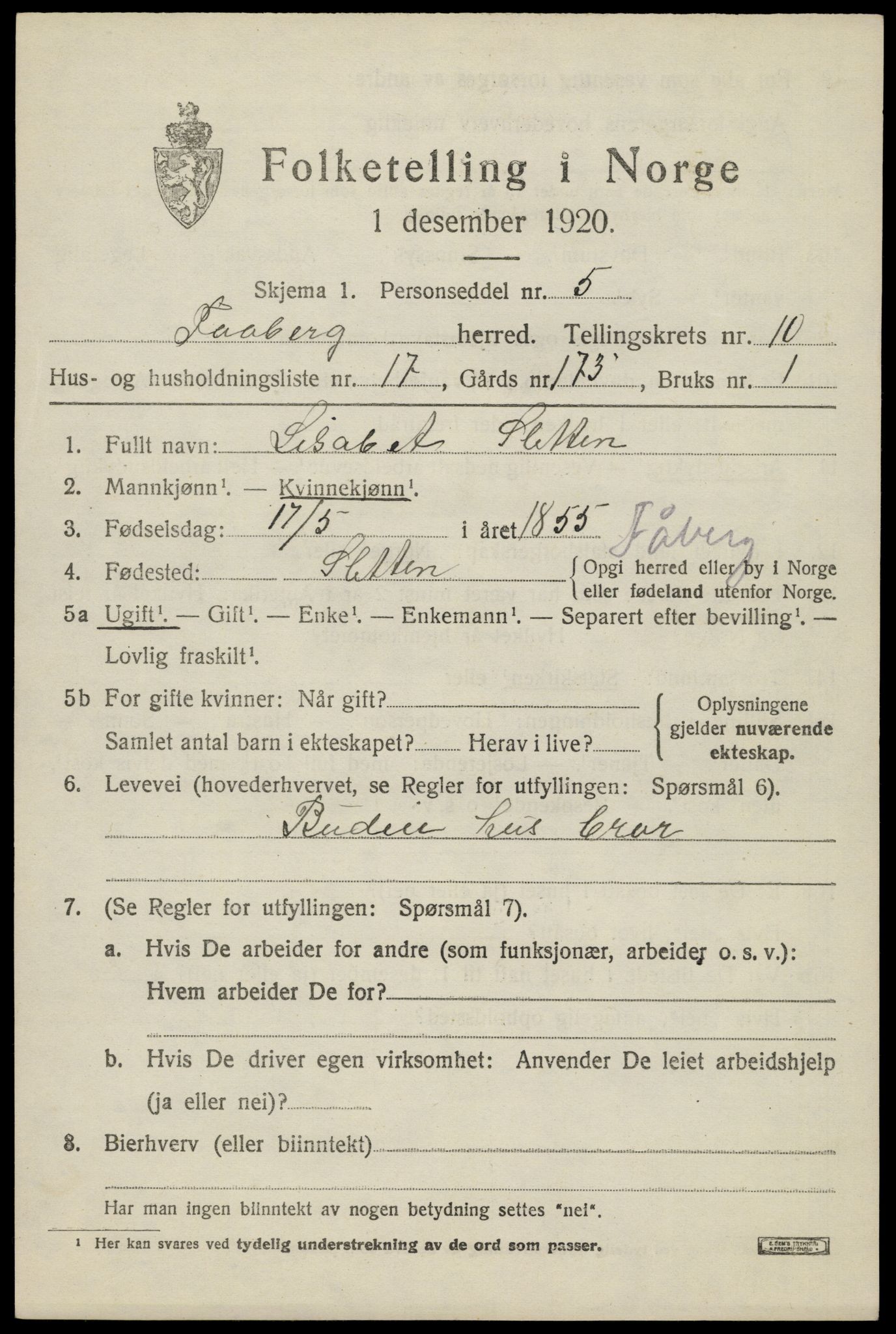 SAH, 1920 census for Fåberg, 1920, p. 11828
