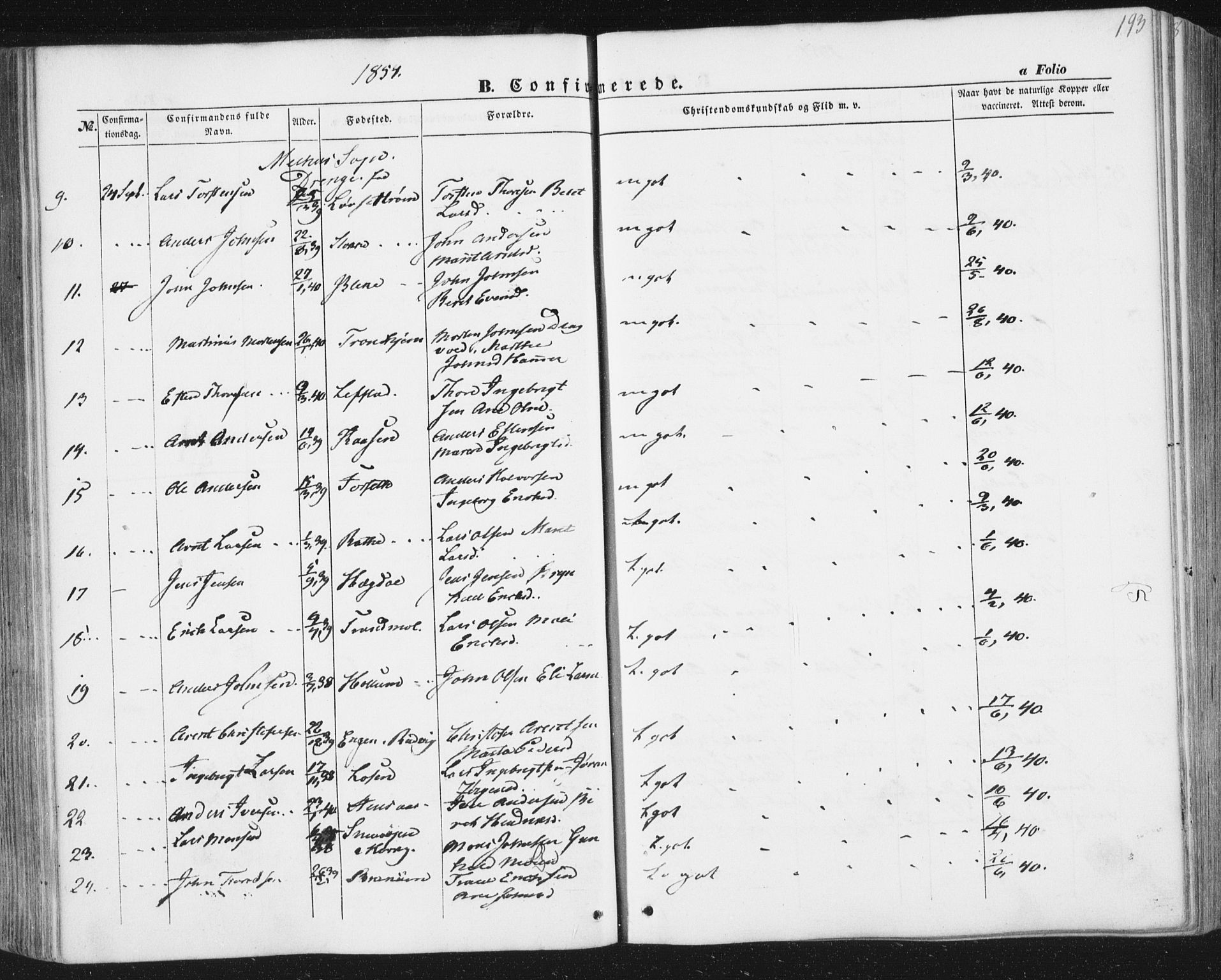 Ministerialprotokoller, klokkerbøker og fødselsregistre - Sør-Trøndelag, SAT/A-1456/691/L1076: Parish register (official) no. 691A08, 1852-1861, p. 193