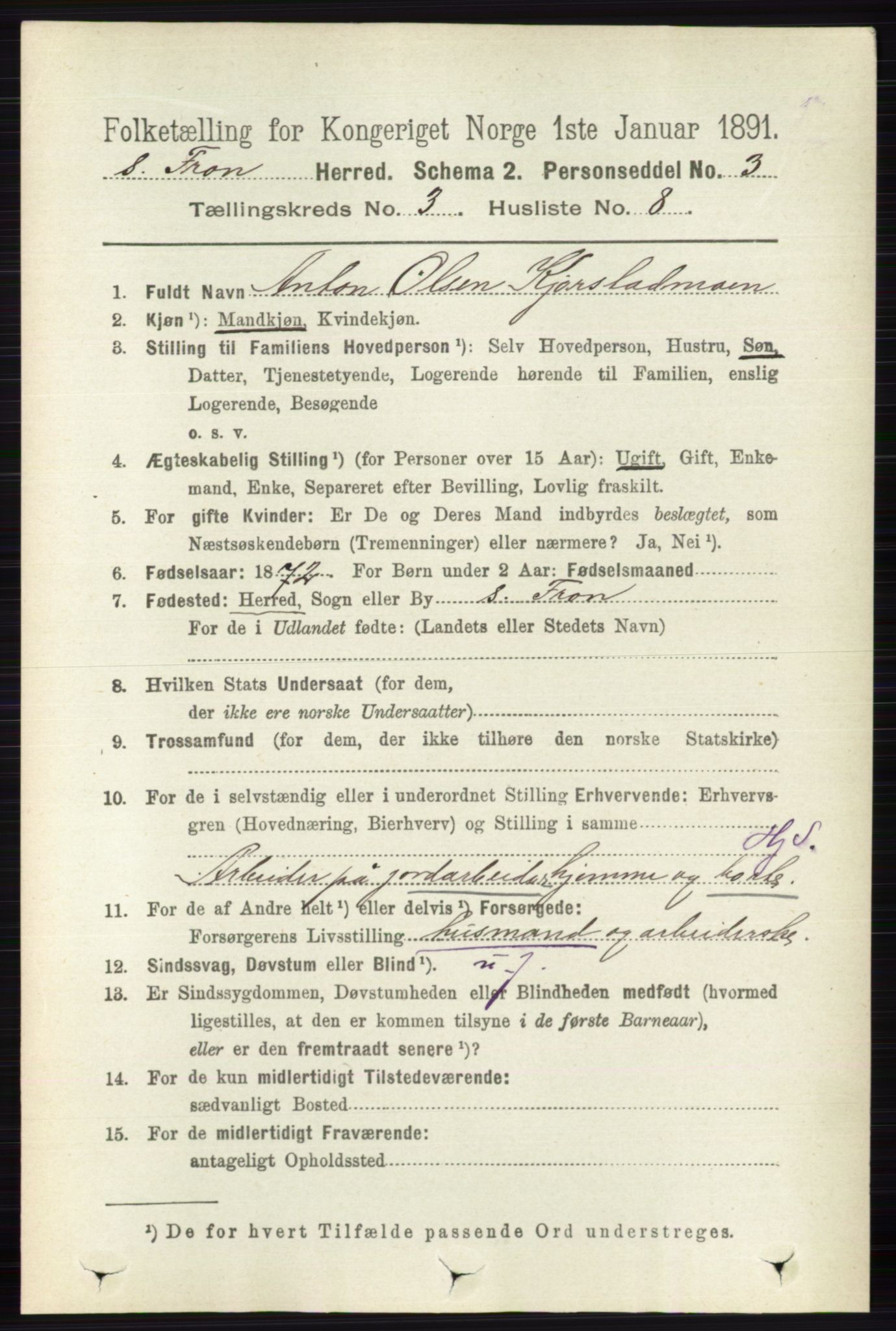 RA, 1891 census for 0519 Sør-Fron, 1891, p. 1008